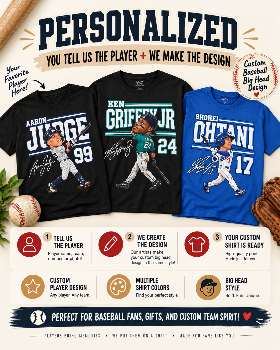 Custom Baseball Player Big Head Shirt | Personalized Baseball Graphic Tee