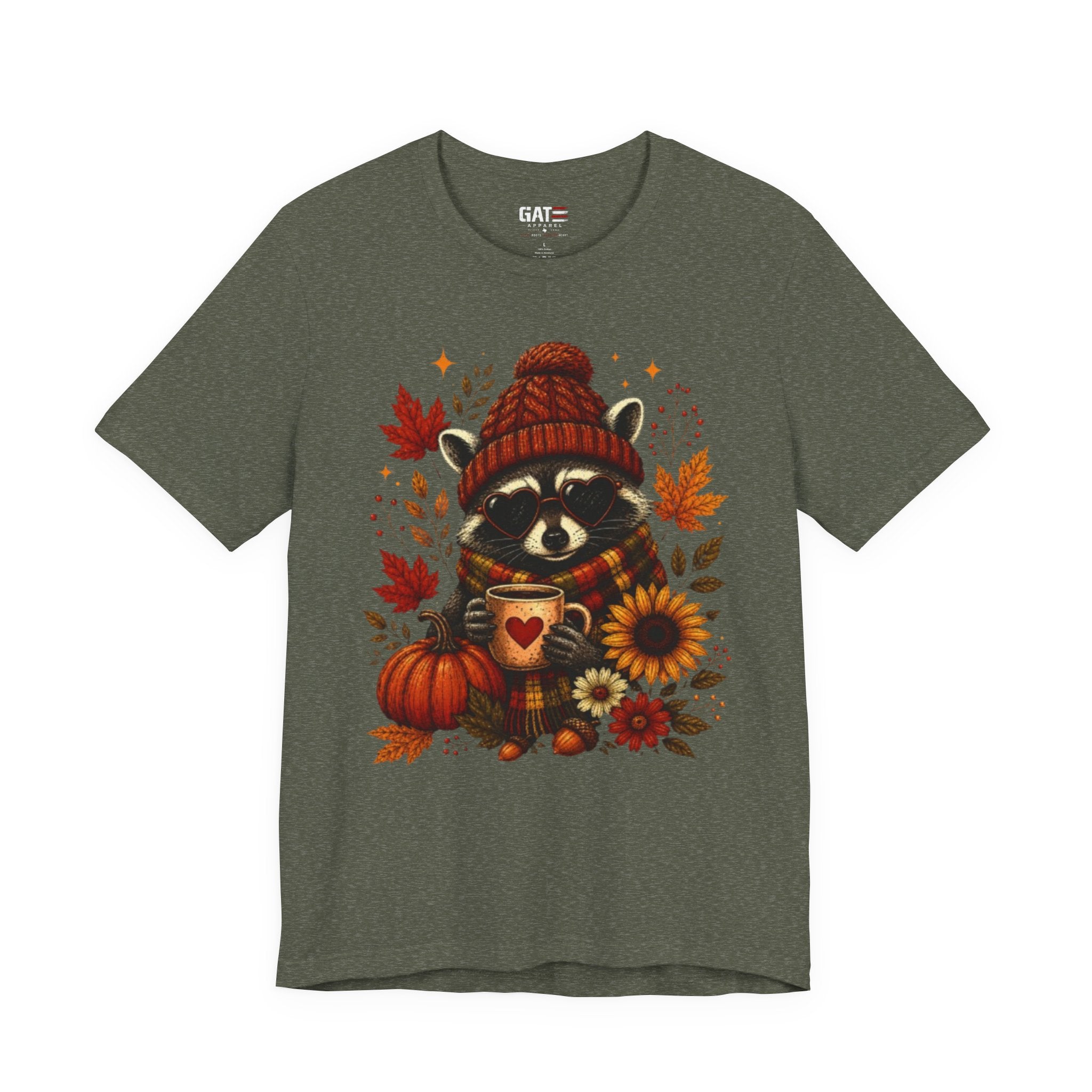Autumn Cozy Raccoon Tee – Cute Fall Pumpkin & Hot Cocoa Shirt