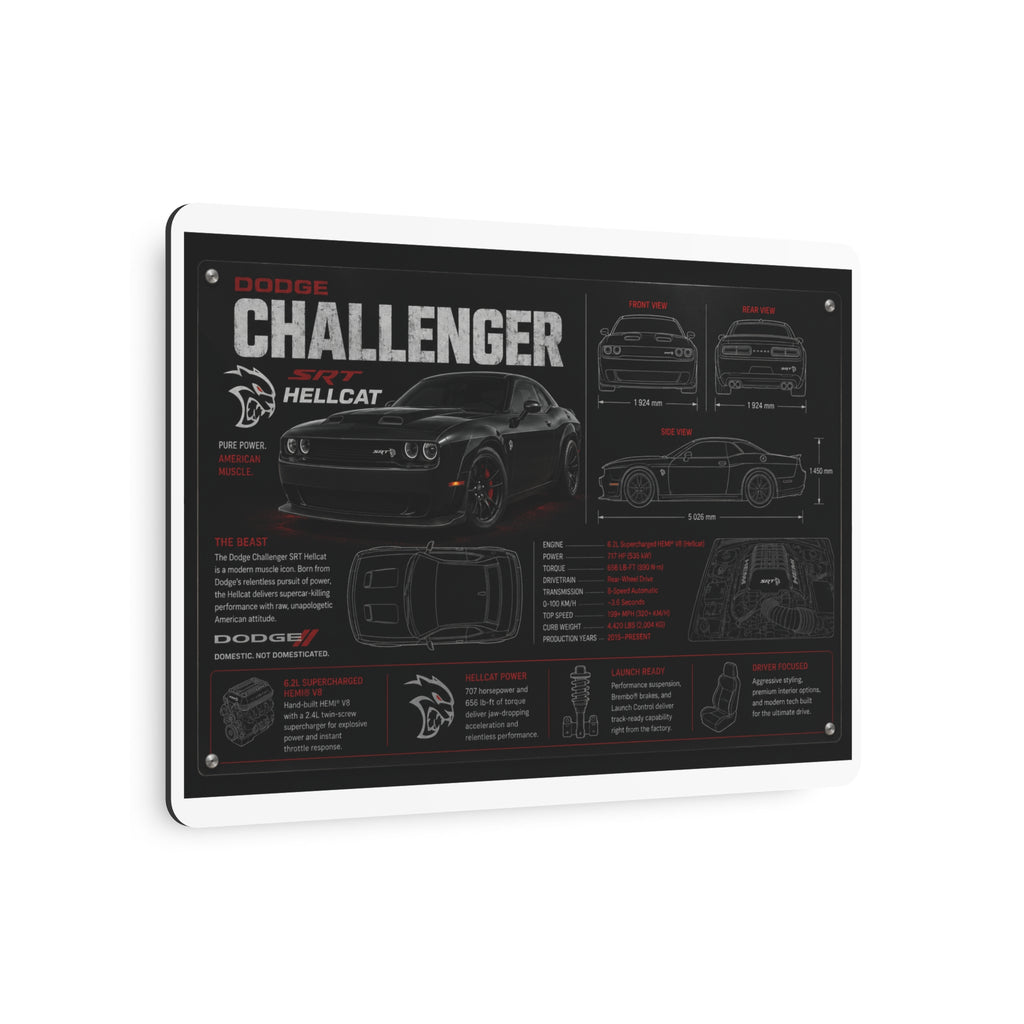 Dodge Challenger Hellcat Blueprint Metal Art Sign – Automotive Garage Poster
