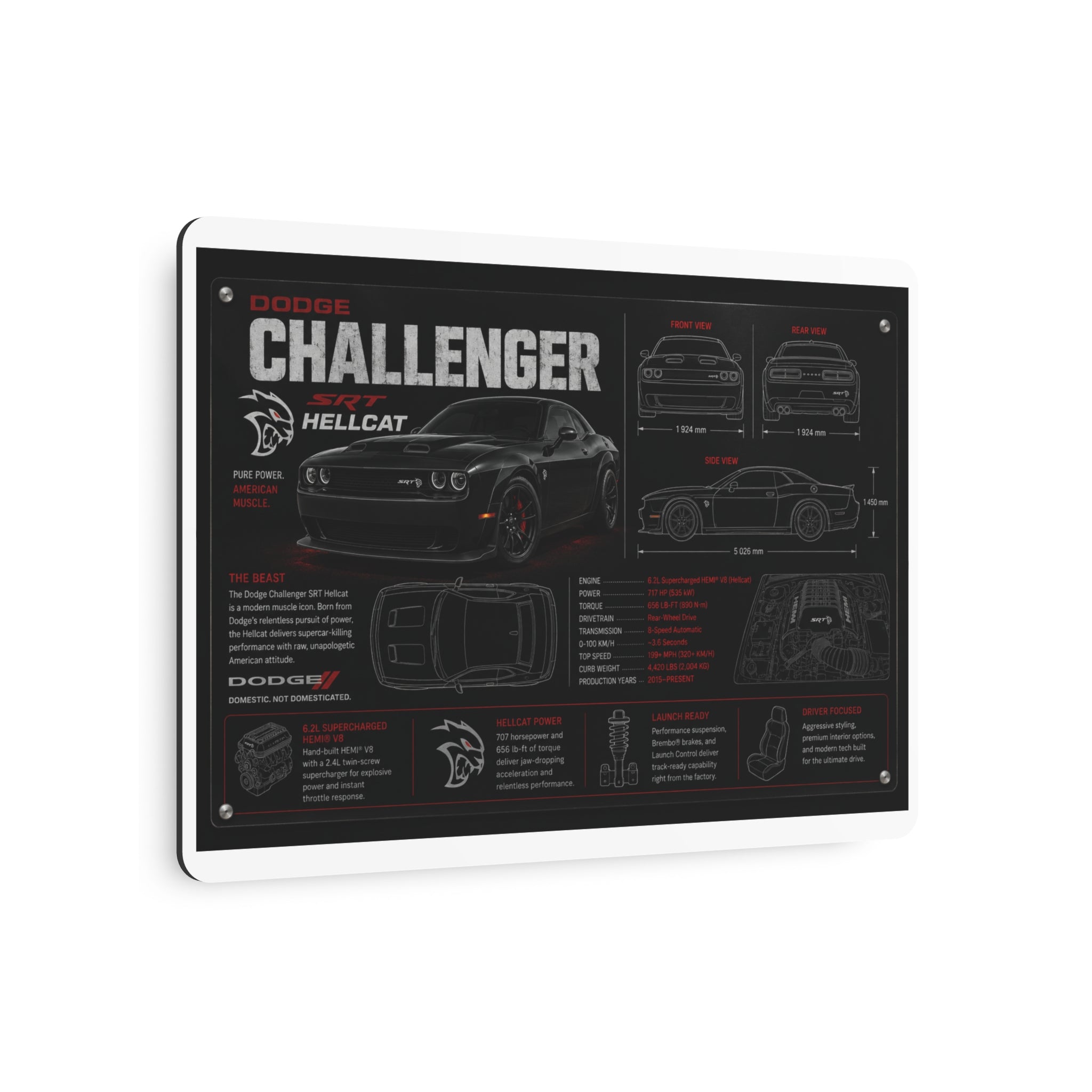 Dodge Challenger Hellcat Blueprint Metal Art Sign – Automotive Garage Poster