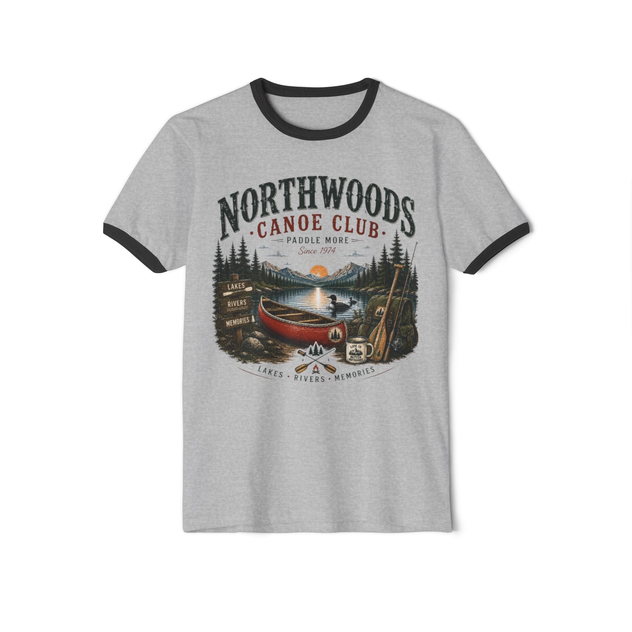 Northwoods Canoe Club Ringer T-Shirt — Vintage Camping Lake Graphic