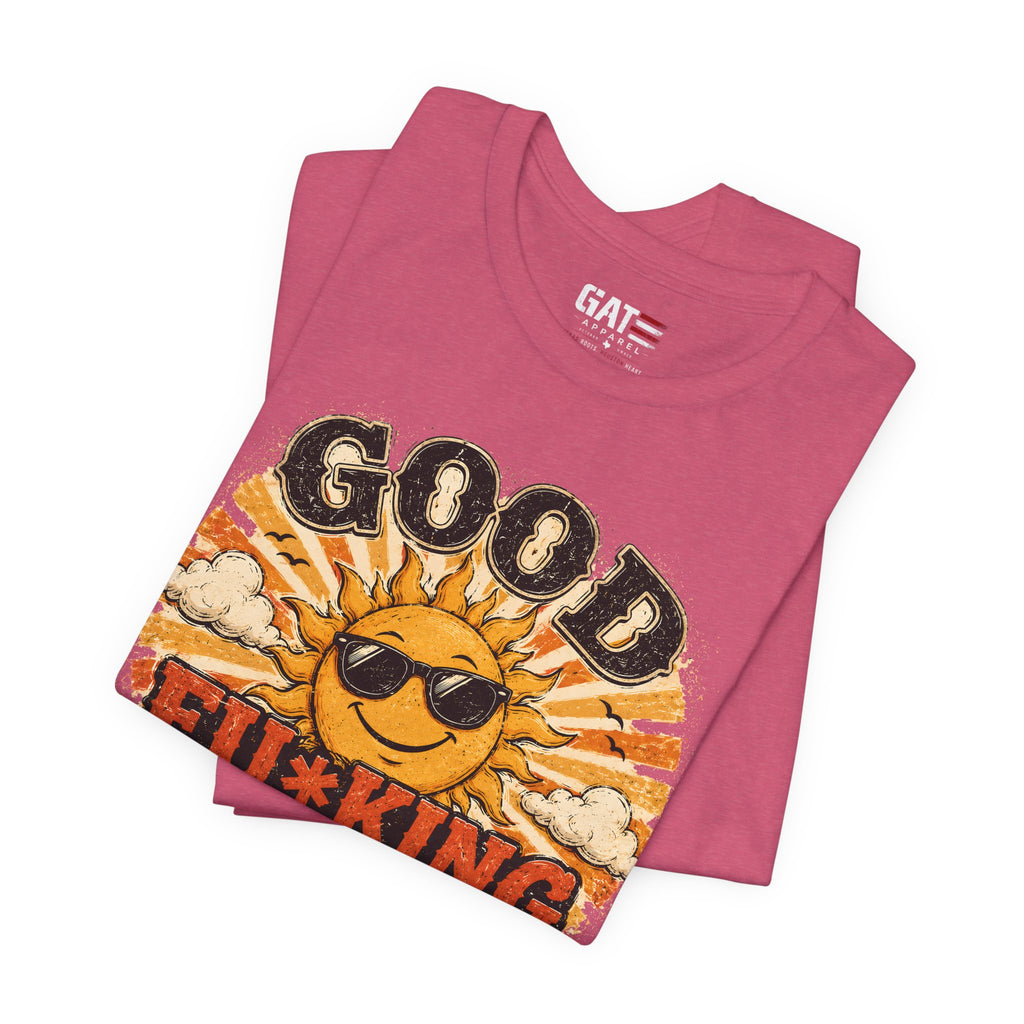 Good Fu*king Morning Shirt, Funny Sarcastic T Shirt, Retro Sunrise Tee, Coffee Lover Gift, Morning Person Humor Tee