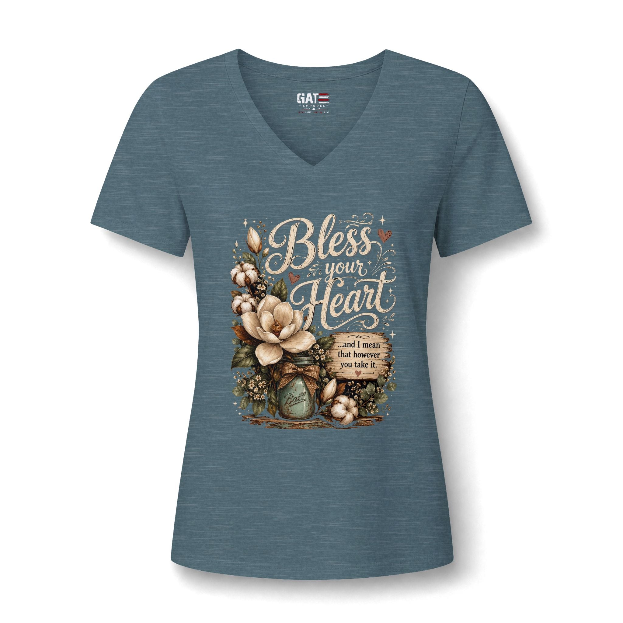 Bless Your Heart V-Neck Tee — Floral Southern Faith Graphic