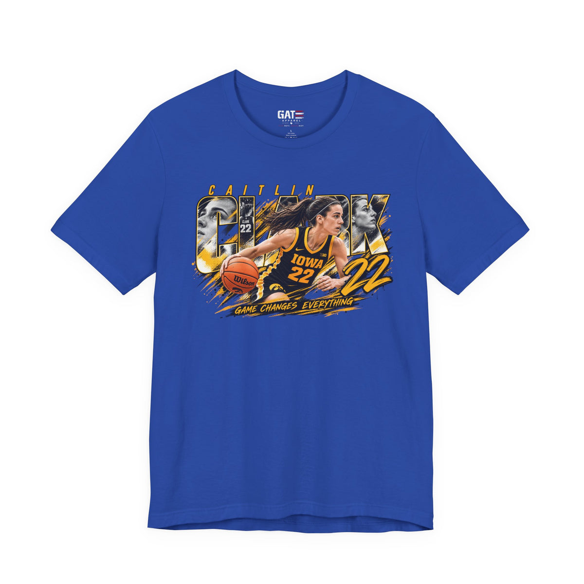 Caitlin Clark basketball player graphic T-shirt, royal blue front view