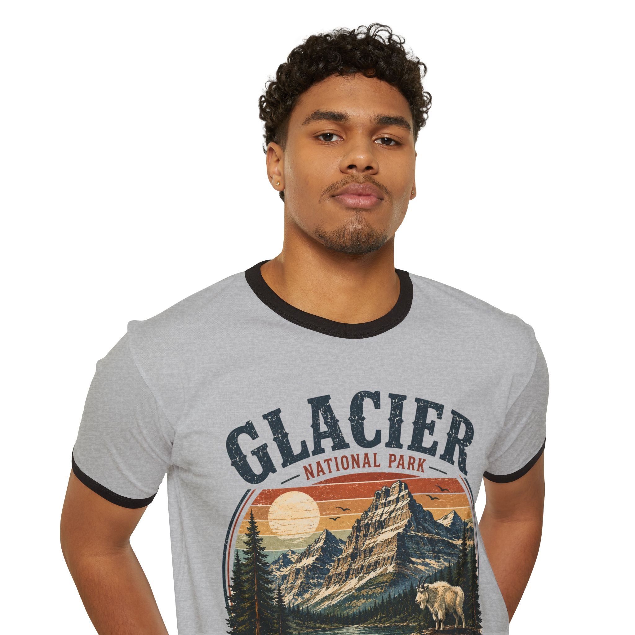 Glacier National Park Montana Ringer T-Shirt — Vintage Mountain & Grizzly Design