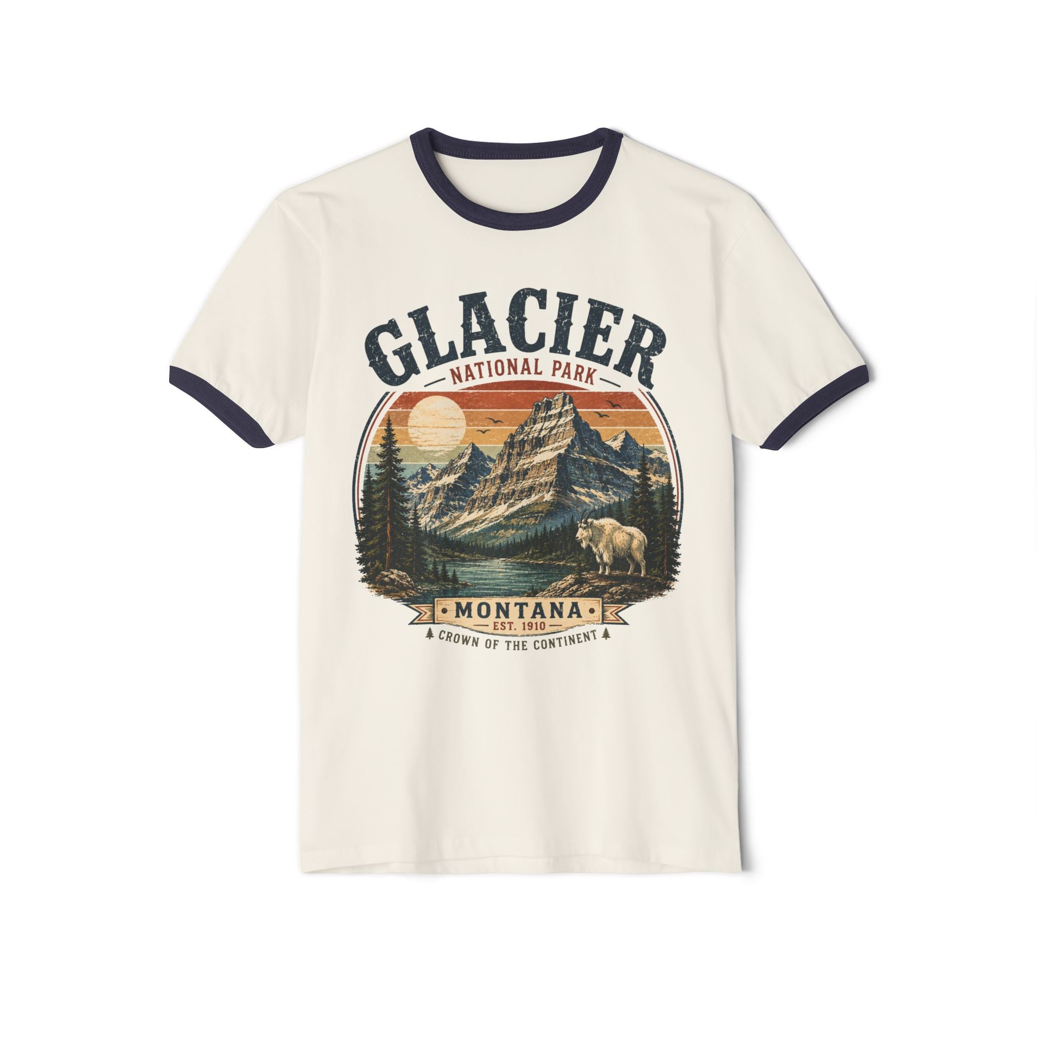 Glacier National Park Montana Ringer T-Shirt — Vintage Mountain & Grizzly Design