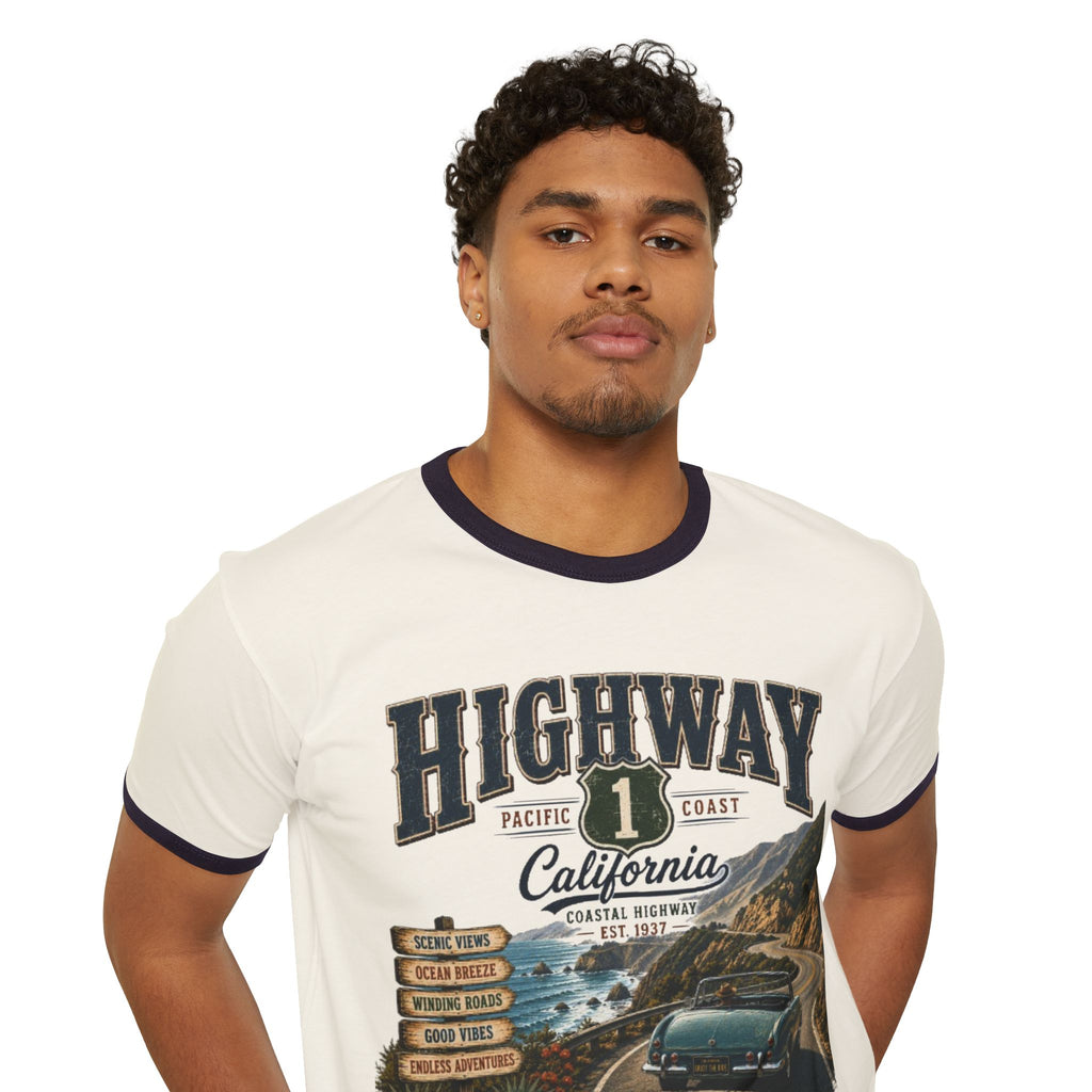 Highway 1 California Ringer T-Shirt — Vintage Coastal Road Trip Graphic Tee