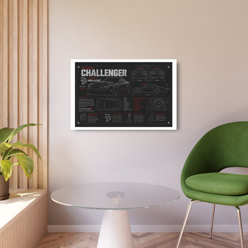 Dodge Challenger Hellcat Blueprint Metal Art Sign – Automotive Garage Poster