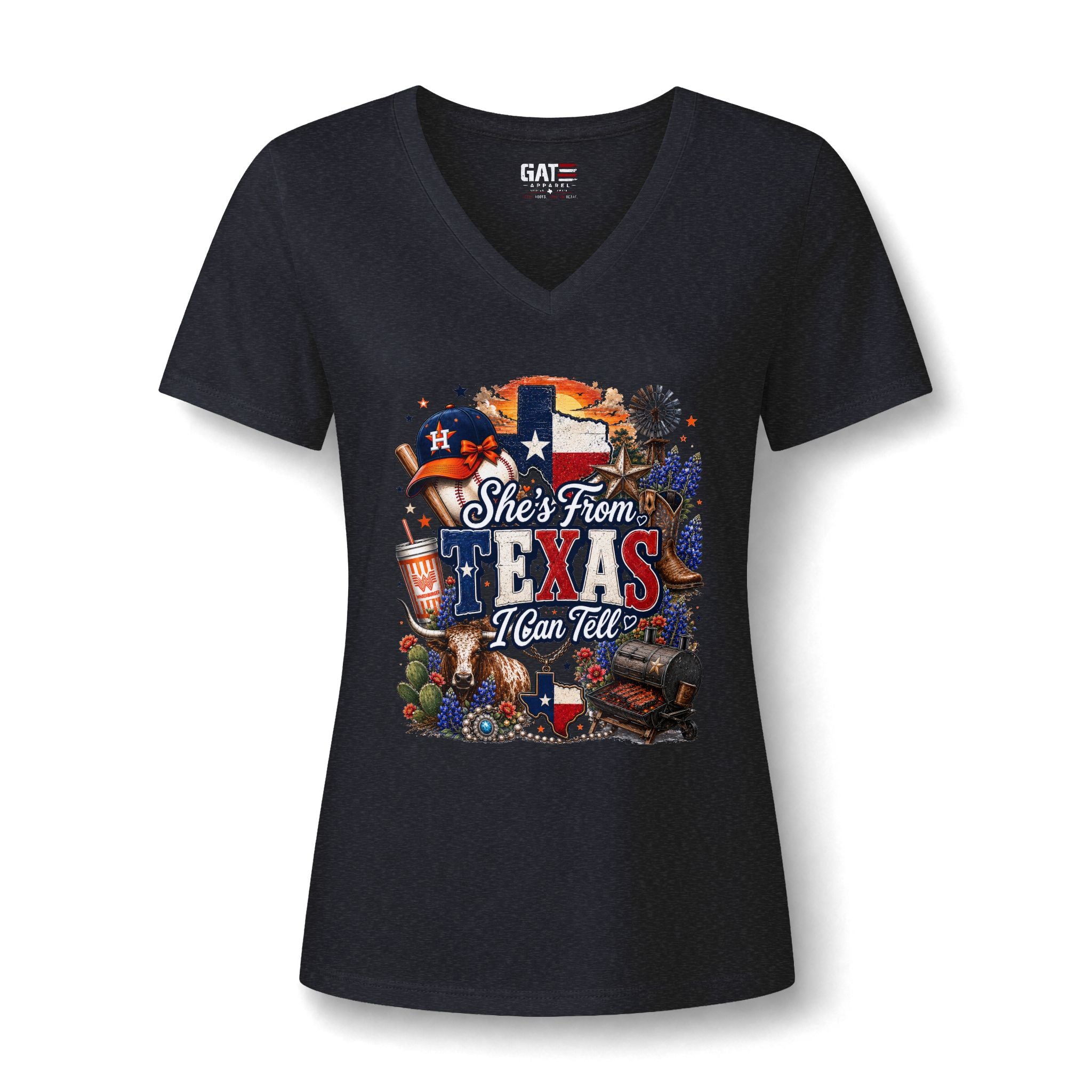 Texas Pride V-Neck Tee — "She's From Texas I Can Tell" Women's Relaxed Shirt