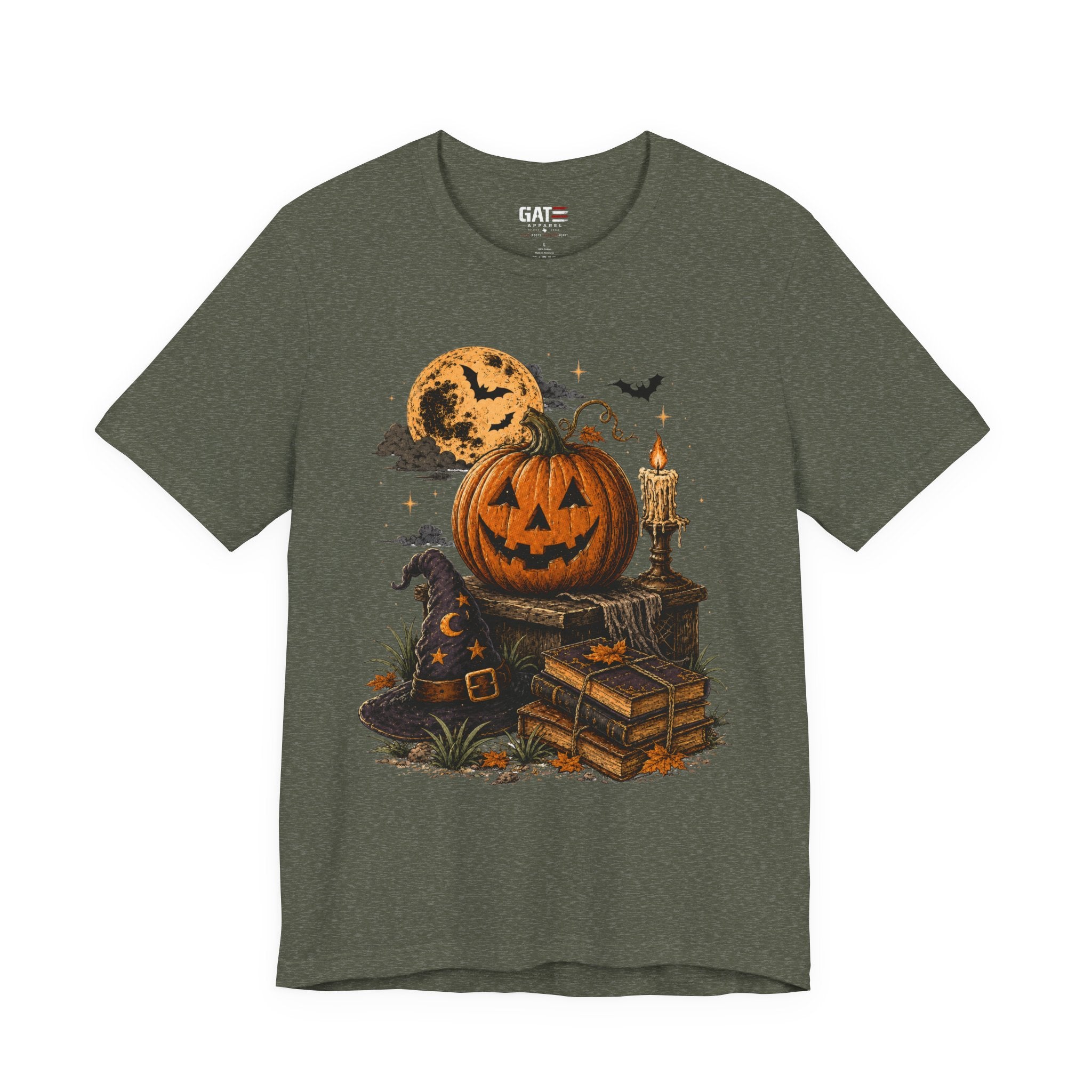 Halloween Pumpkin Stack T‑Shirt — Jack‑O‑Lantern, Books & Moon Graphic Tee