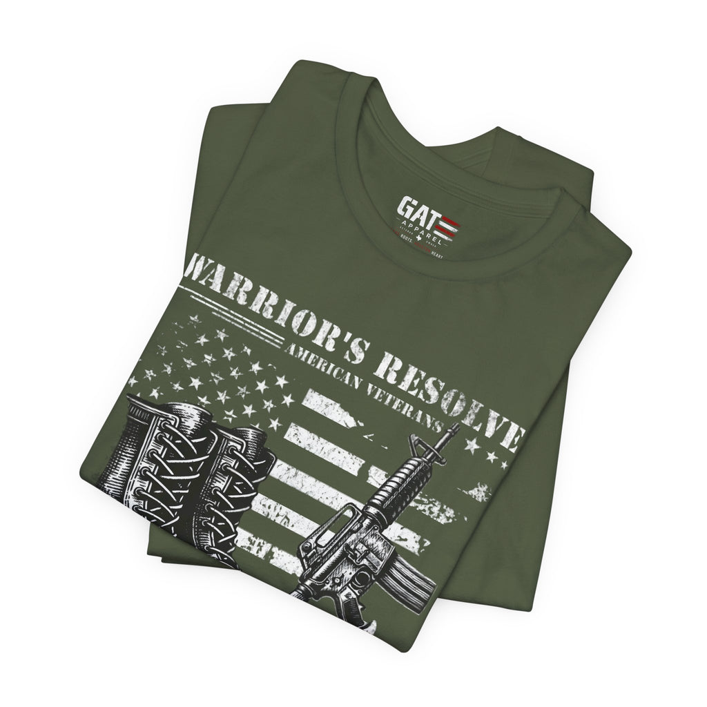 Warrior's Resolve Boots & Flag graphic Tee | Veteran USA Military Shirt