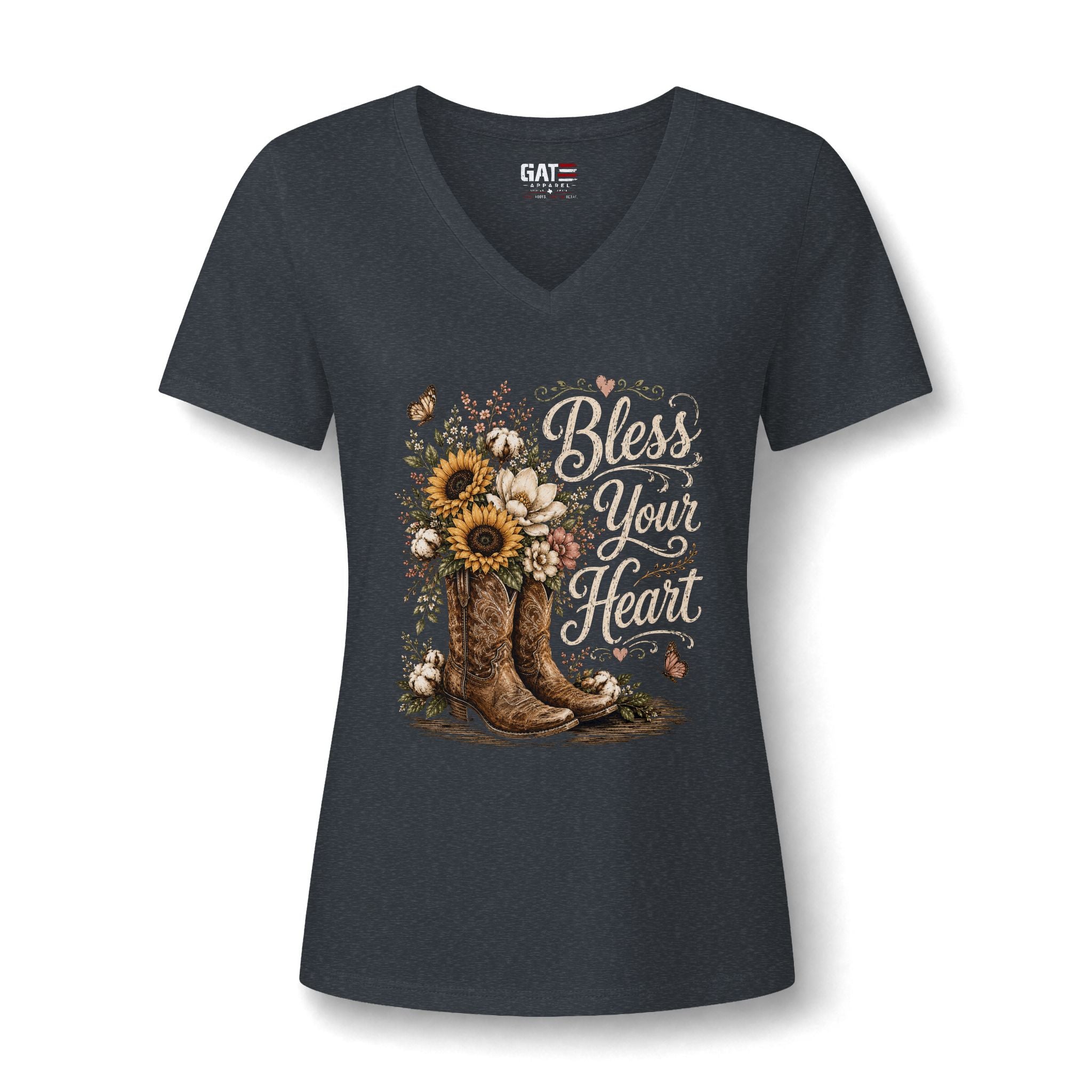 Bless Your Heart V-Neck Tee — Sunflower Cowboy Boot Graphic