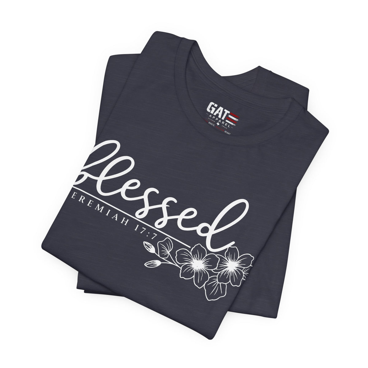 Blessed Floral Tee — 'Blessed' Script T-Shirt with Jeremiah 17:7 Bible Verse