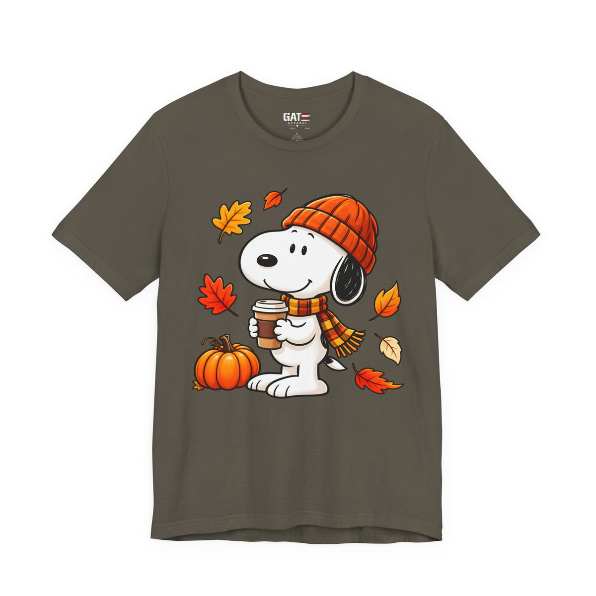 Snoopy coffee, pumpkins and autumn leaves graphic T-shirt, dark olive front view