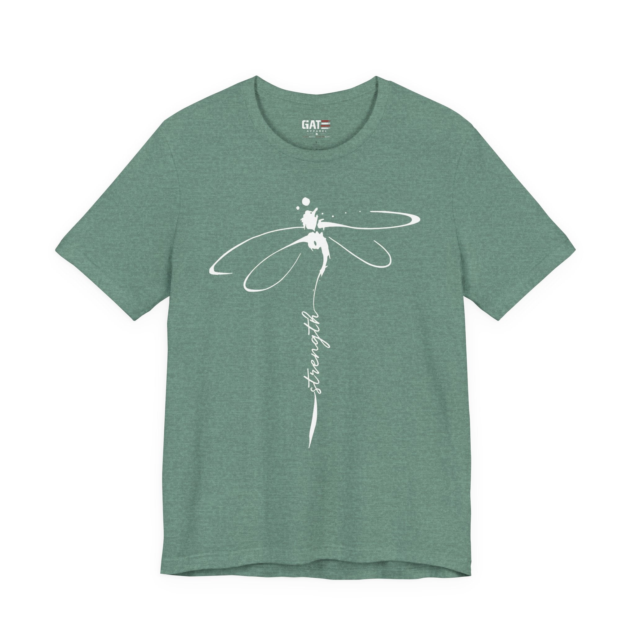 Dragonfly Graphic Tee — 'Strong' Script Floral Design