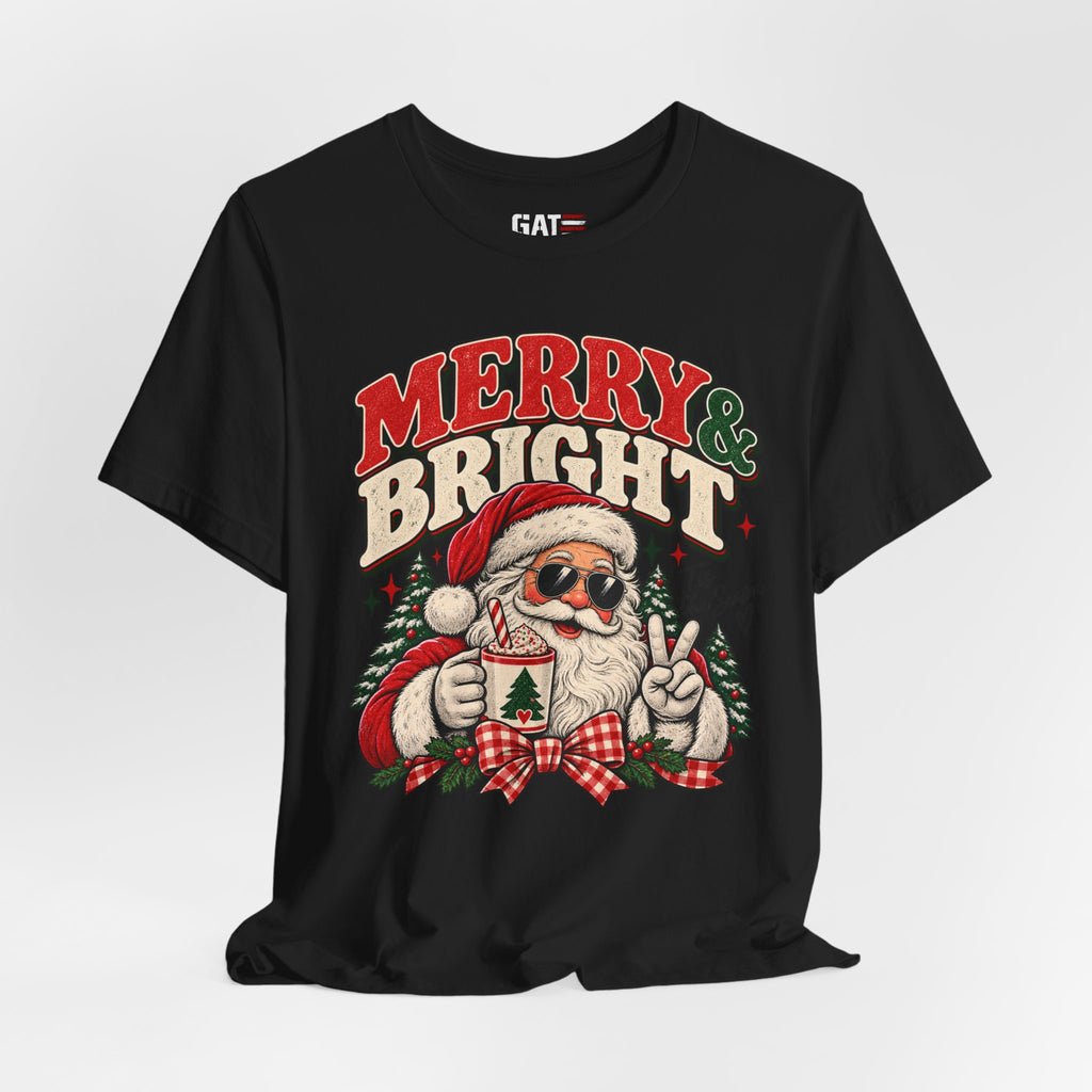 Merry & Bright Santa Tee – Retro Christmas Short Sleeve Shirt