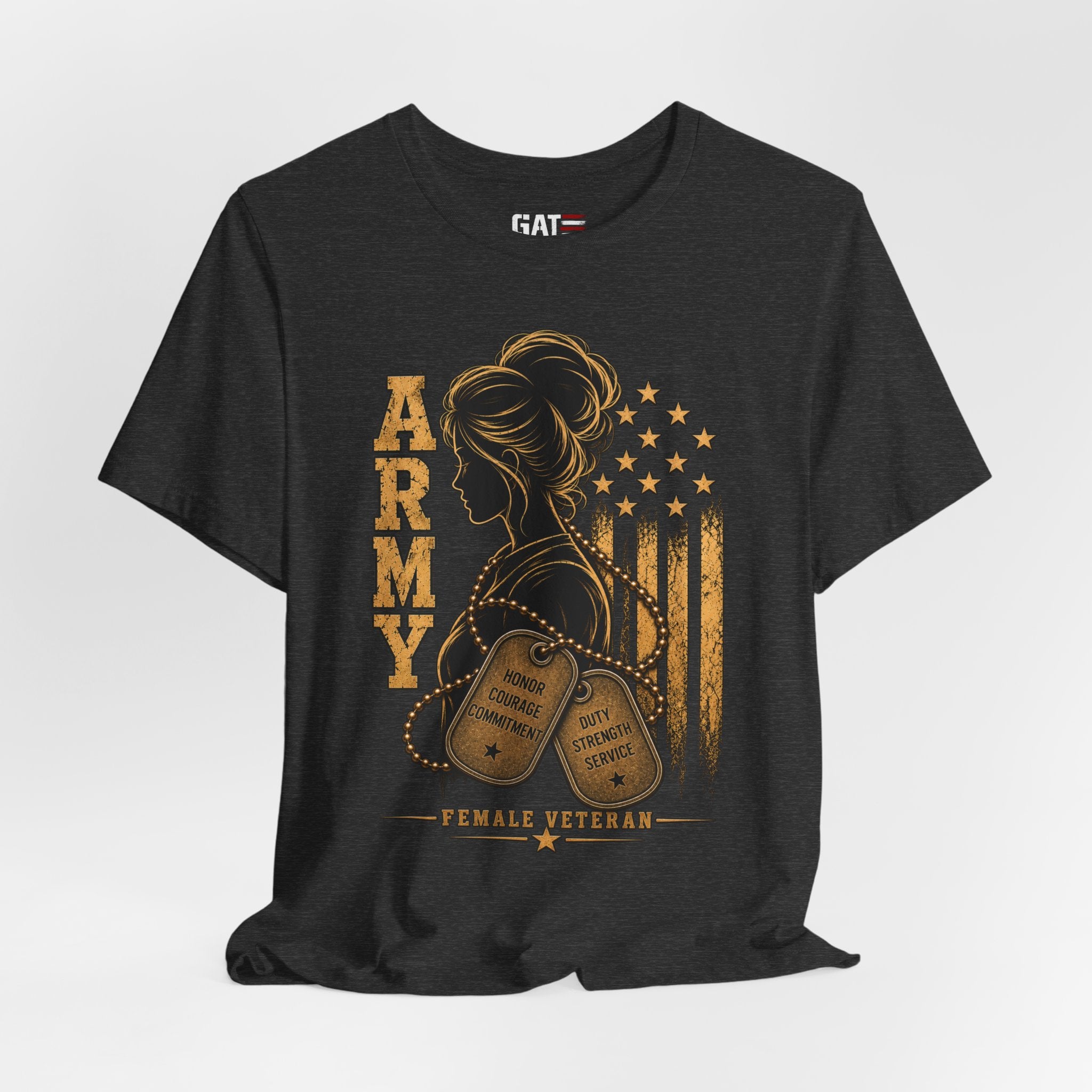 Female Army Vet Tee – Proud Military Mom Shirt with Dog Tags & American Flag