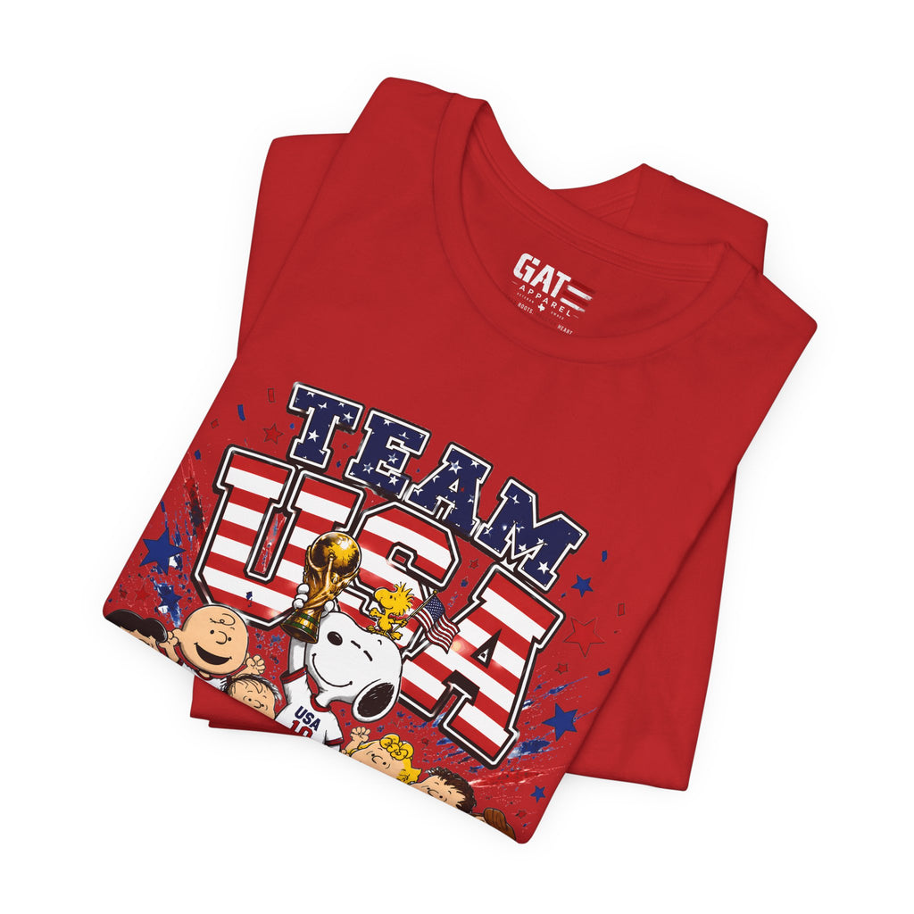Team USA Soccer Peanuts Gang Shirt Patriotic Snoopy & Friends World Cup Celebration Tee