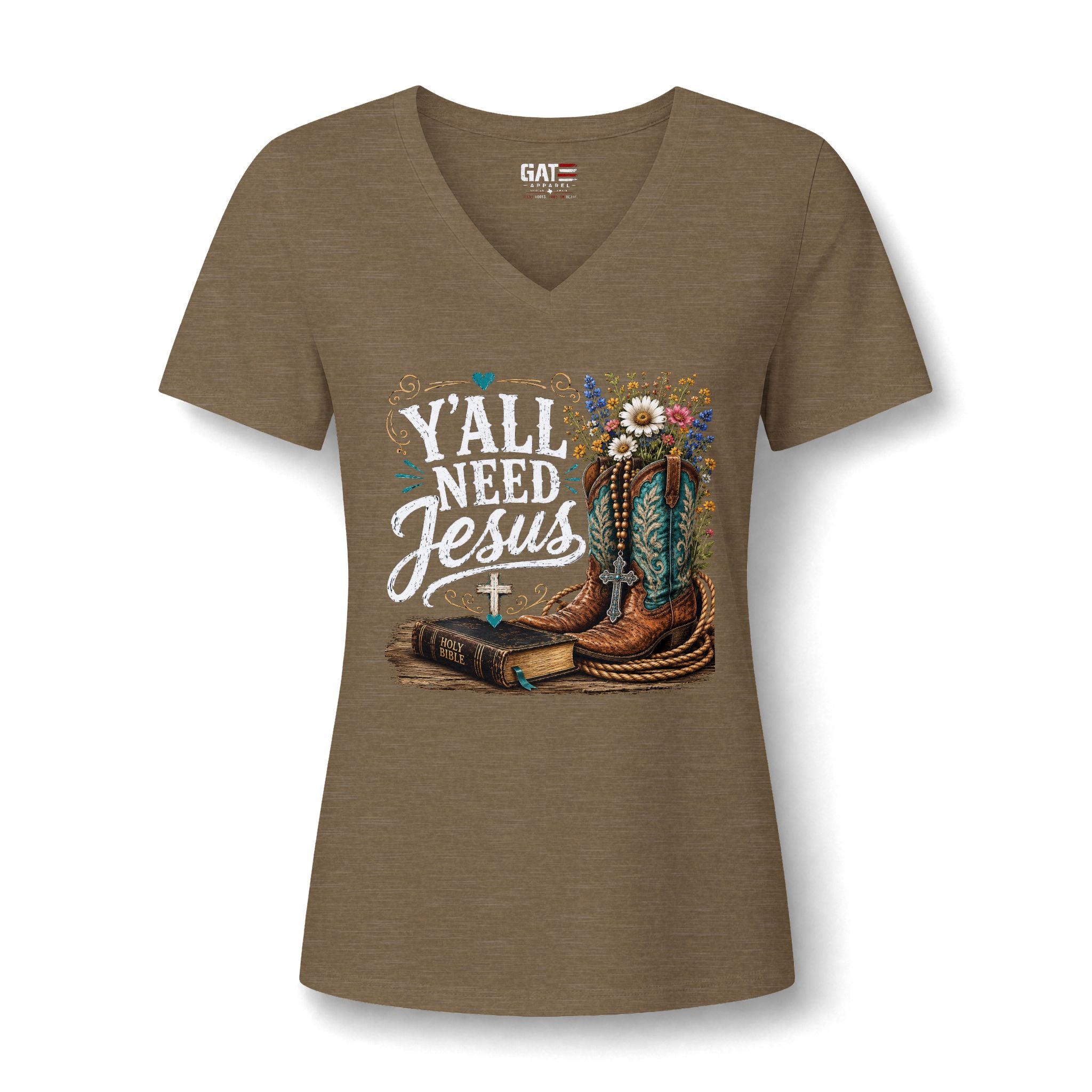 Y'all Need Jesus V-Neck Tee - Western Boots & Bible Christian Shirt