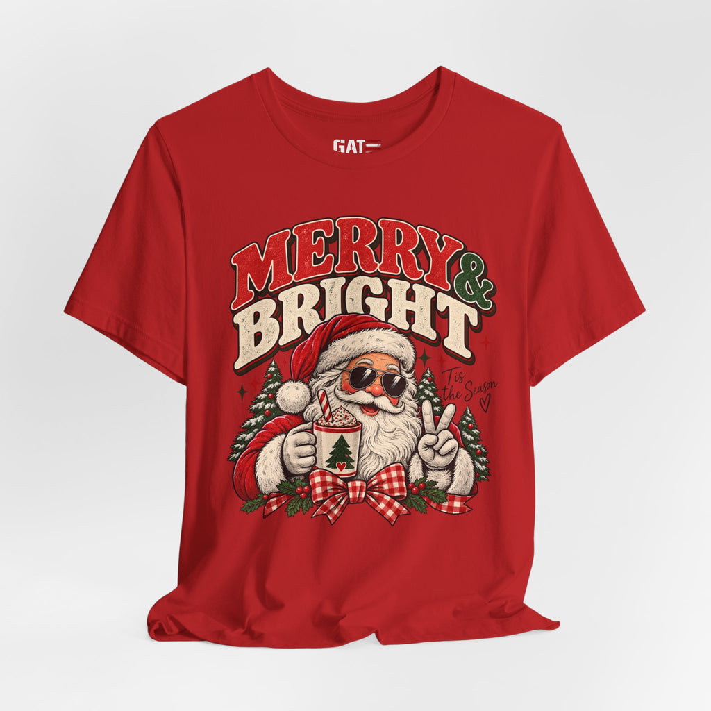 Merry & Bright Santa Tee – Retro Christmas Short Sleeve Shirt