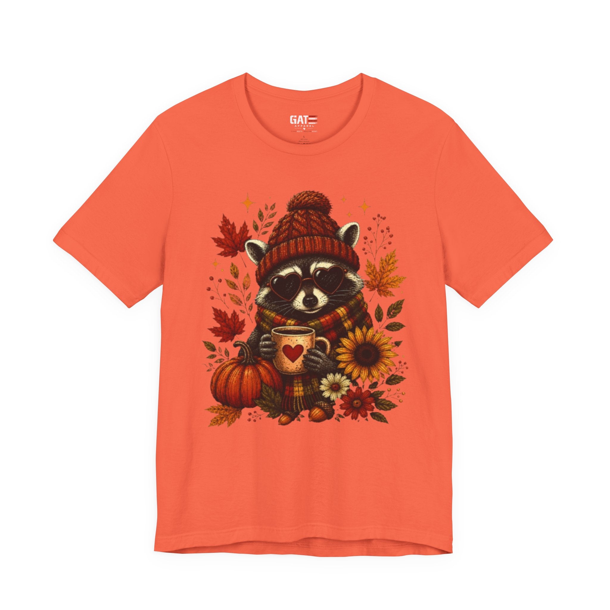Autumn Cozy Raccoon Tee – Cute Fall Pumpkin & Hot Cocoa Shirt