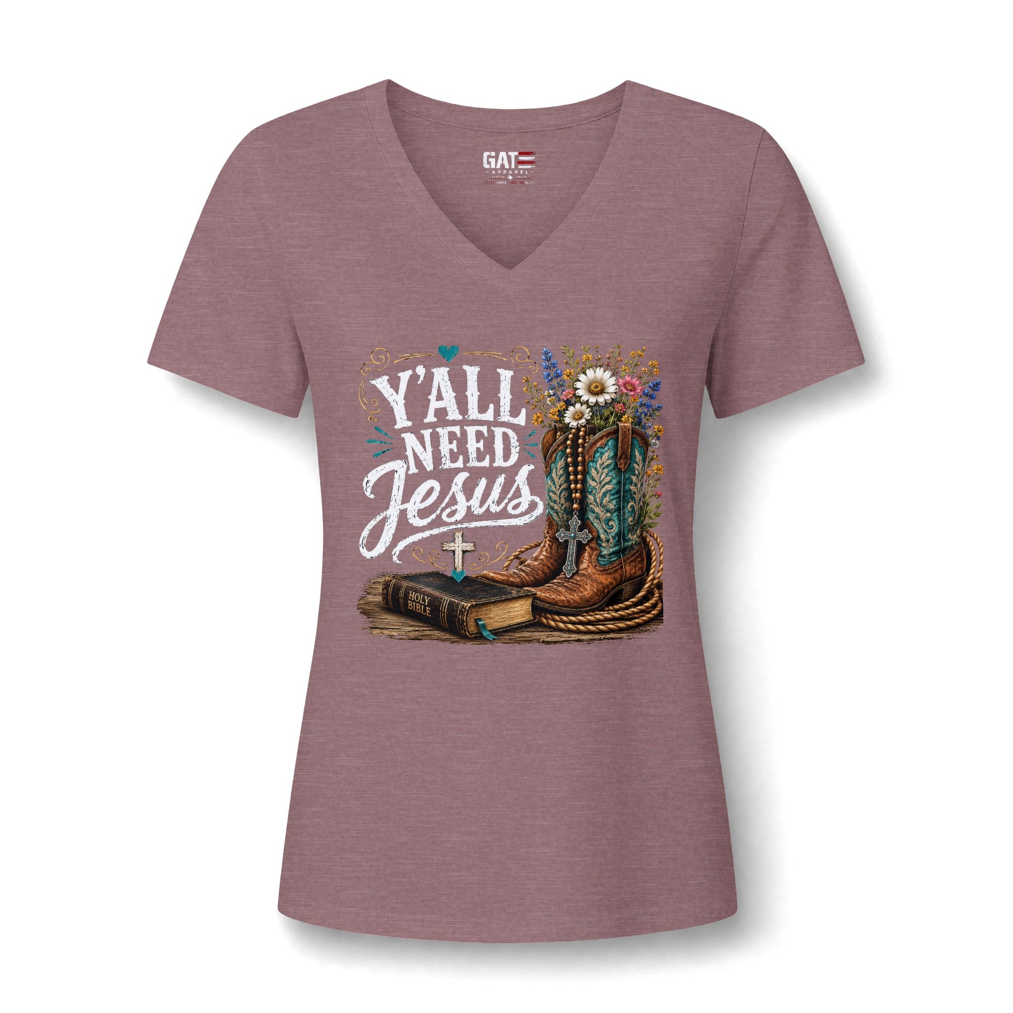 Y'all Need Jesus V-Neck Tee - Western Boots & Bible Christian Shirt