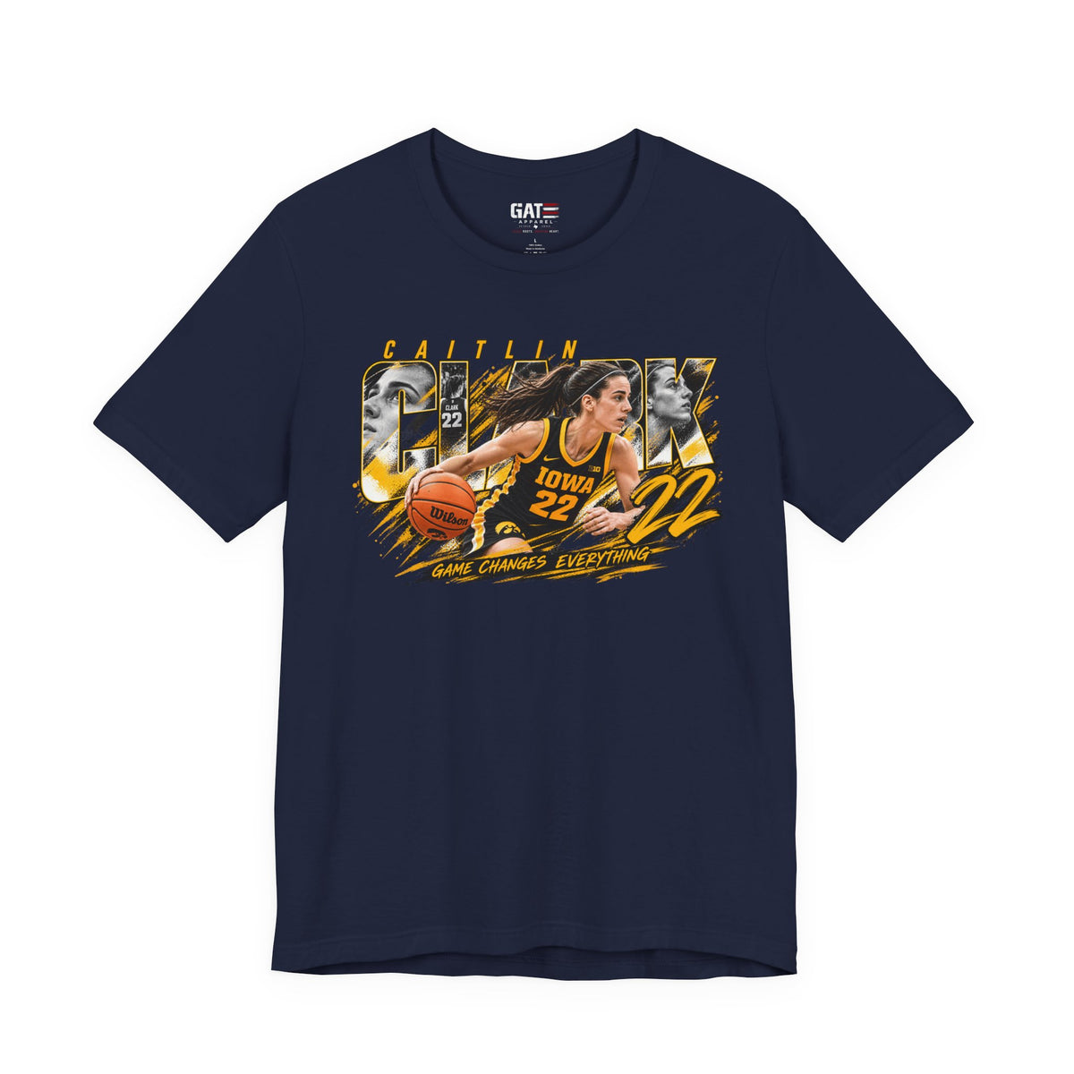 Caitlin Clark basketball player graphic T-shirt, navy front view
