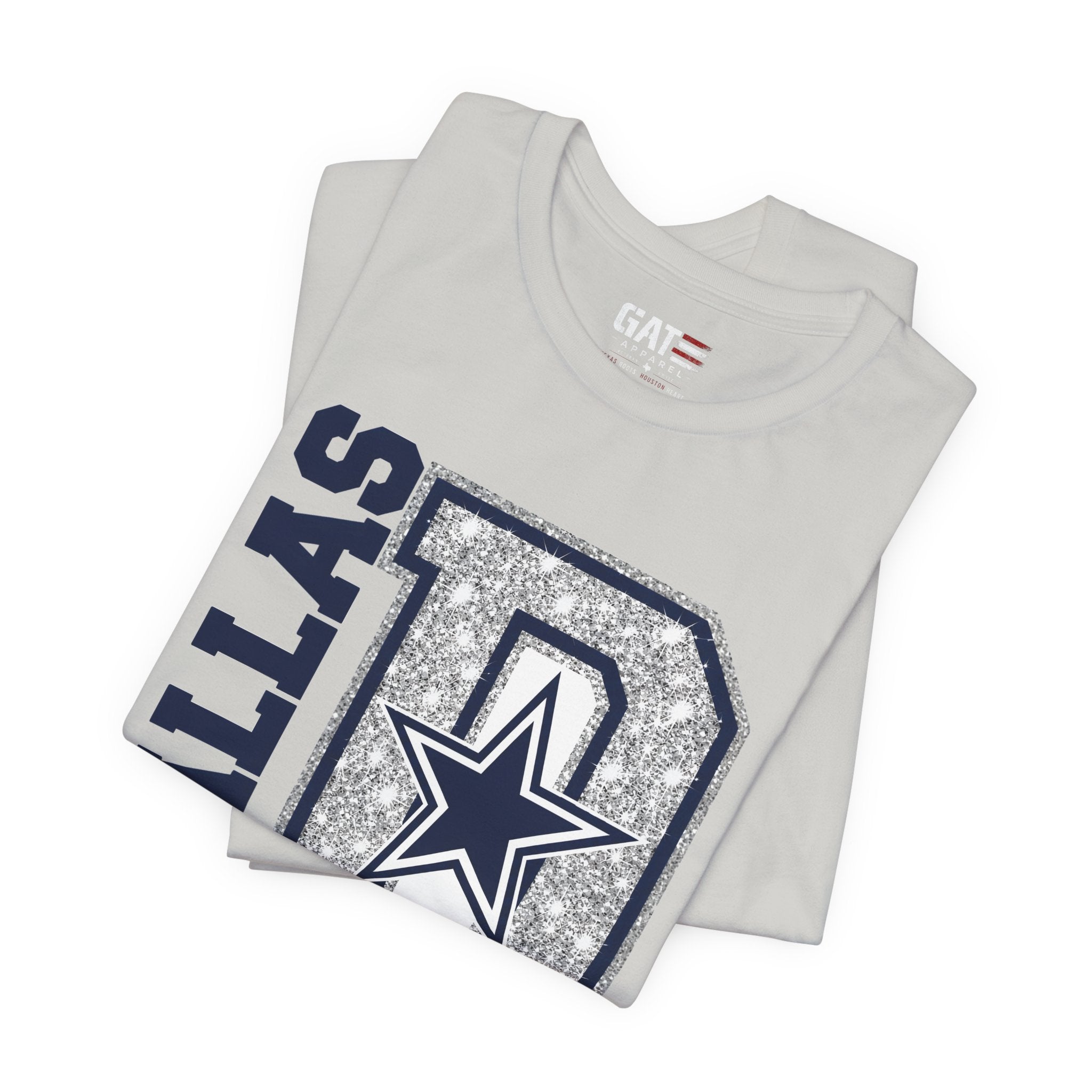 Dallas Football Glitter D Shirt, Blue and Silver Game Day Tee, Western Script Graphic Shirt, Sparkle Fan Apparel