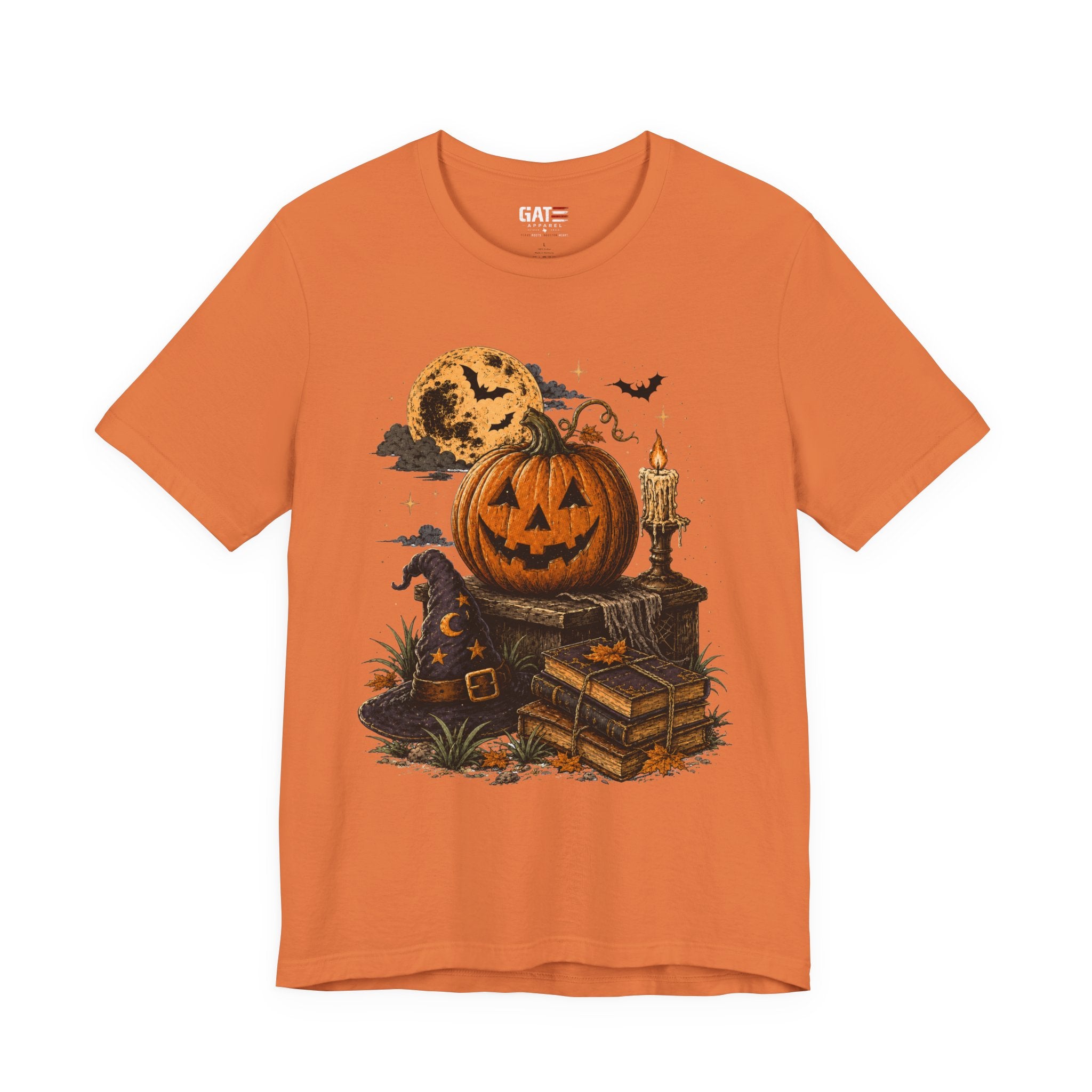 Halloween Pumpkin Stack T‑Shirt — Jack‑O‑Lantern, Books & Moon Graphic Tee