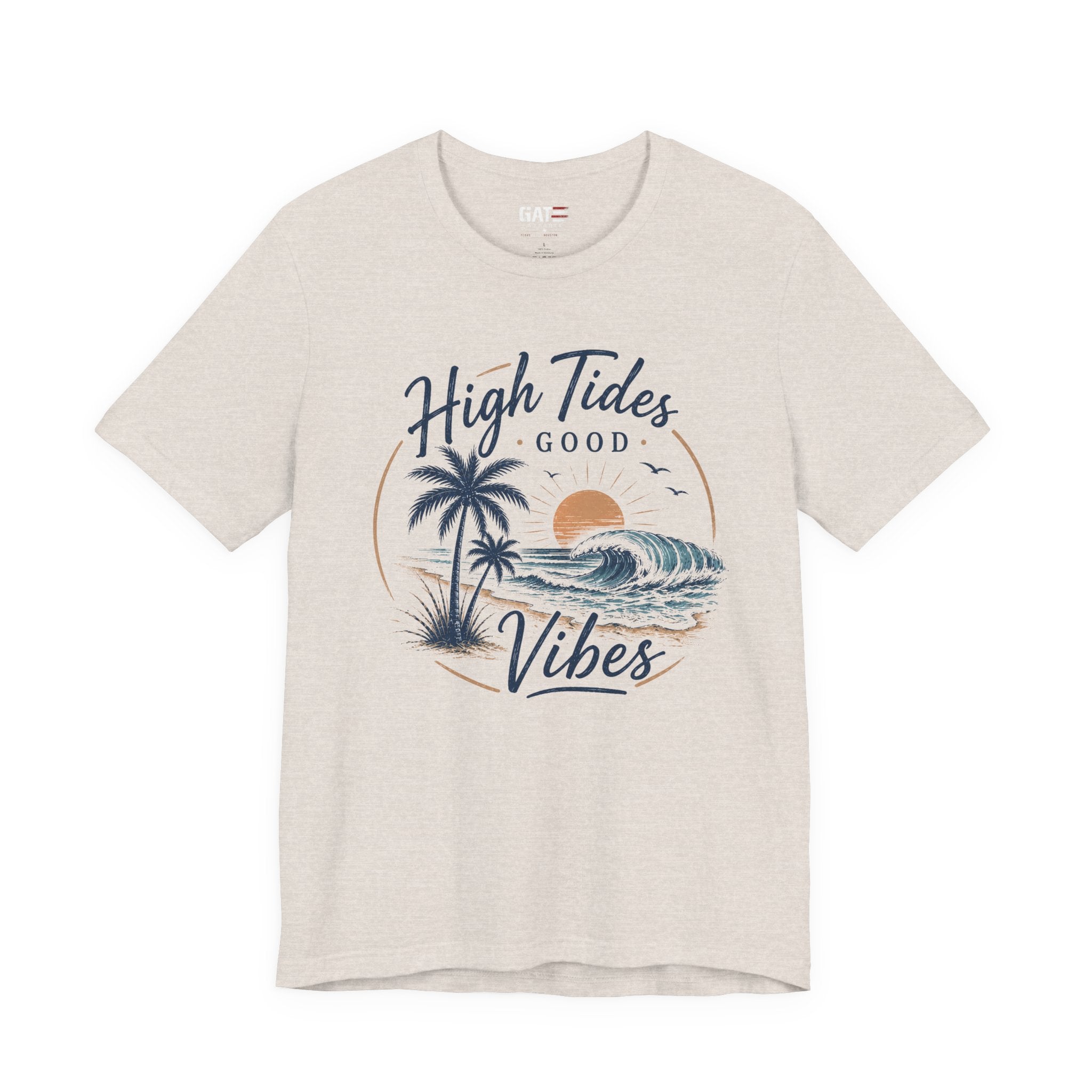 High Tides Good Vibes Beach T-Shirt — Sunset Palm Wave Graphic Tee