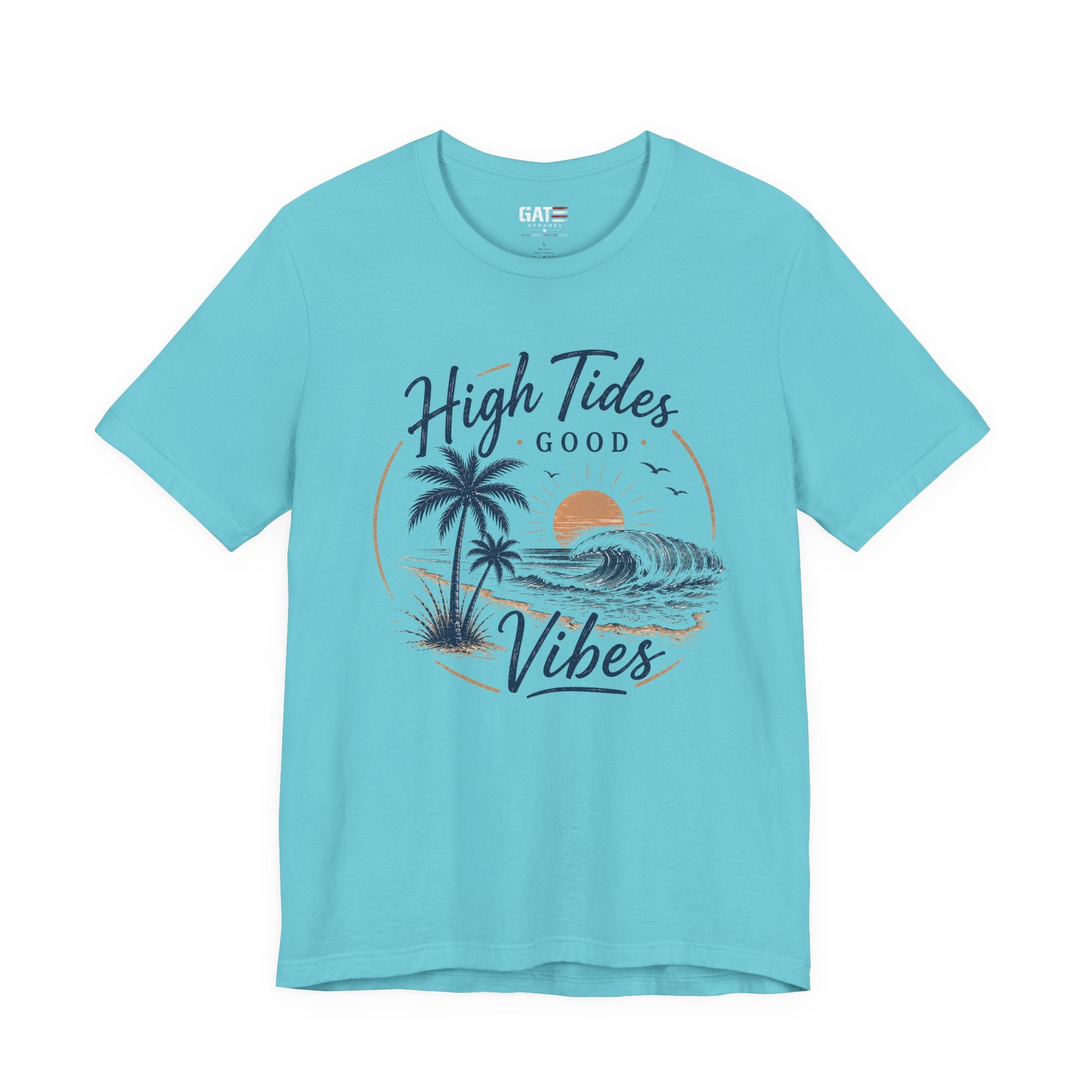 High Tides Good Vibes Beach T-Shirt — Sunset Palm Wave Graphic Tee