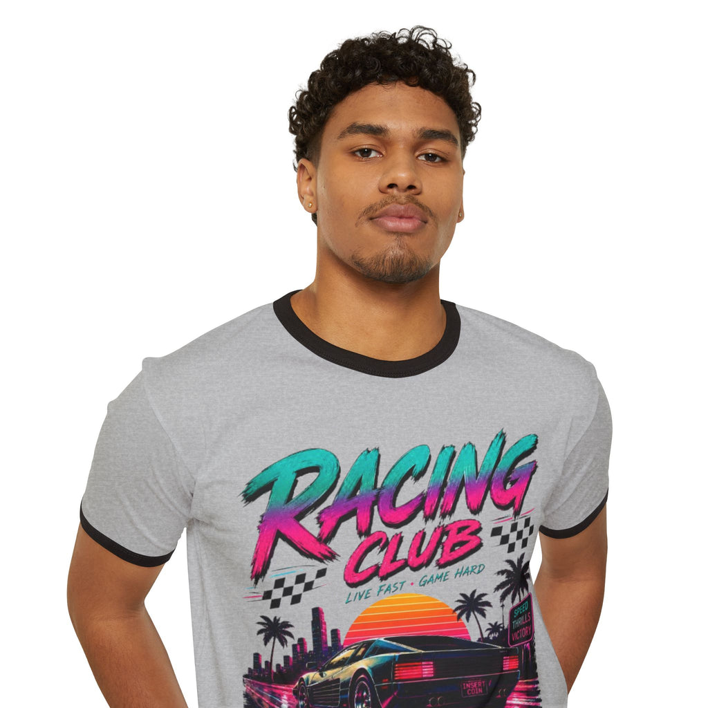 Racing Club Retro Ringer Tee — 1980s Sunset Sports Car Graphic