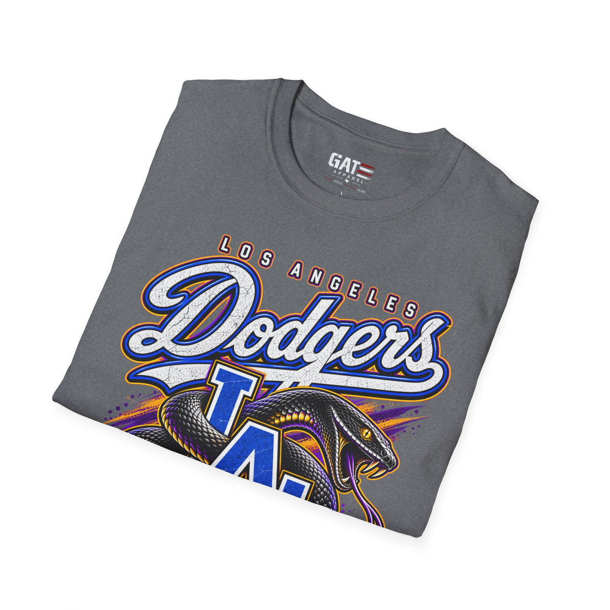 Folded heather grey Kobe Bryant Dodgers LA Black Mamba tribute T-shirt, print close-up