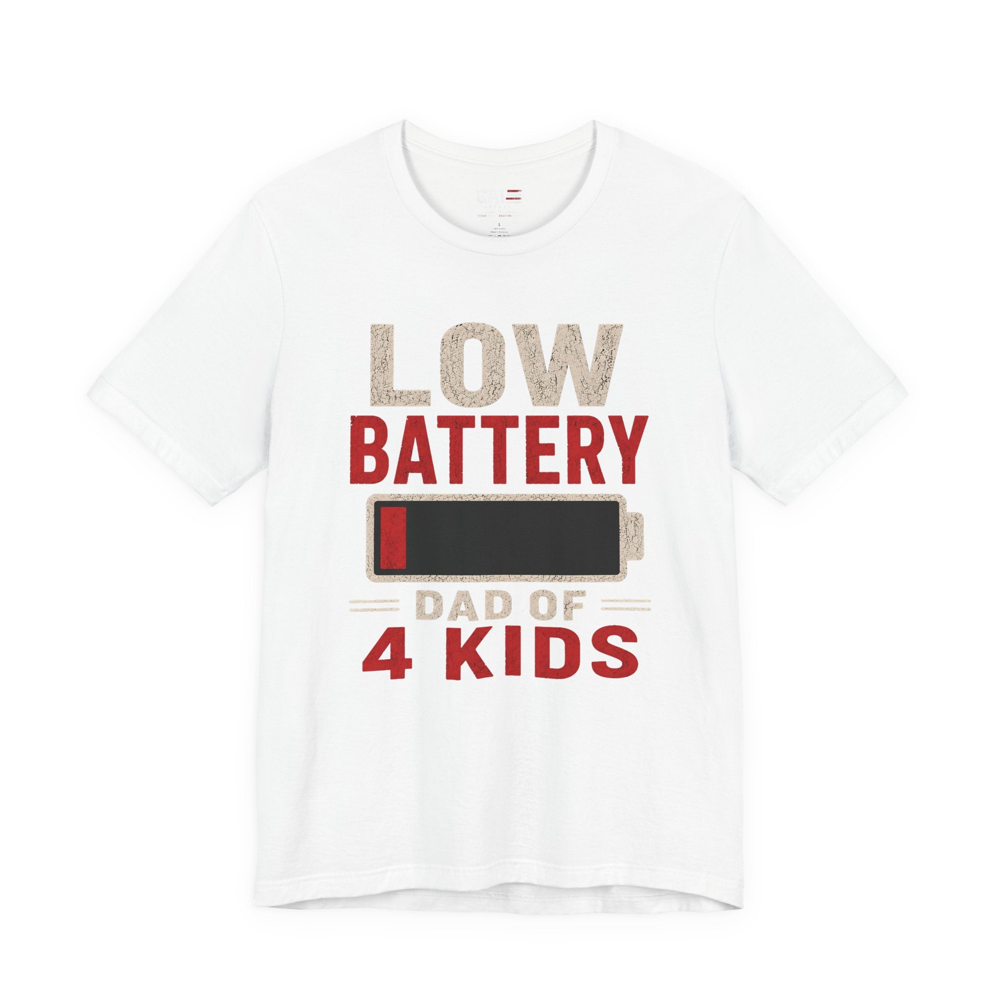 Low Battery Dad of 4 Kids Shirt, Funny Tired Dad Tee, Father of Four Gift, Parenting Humor Shirt, Exhausted Dad Graphic Tee