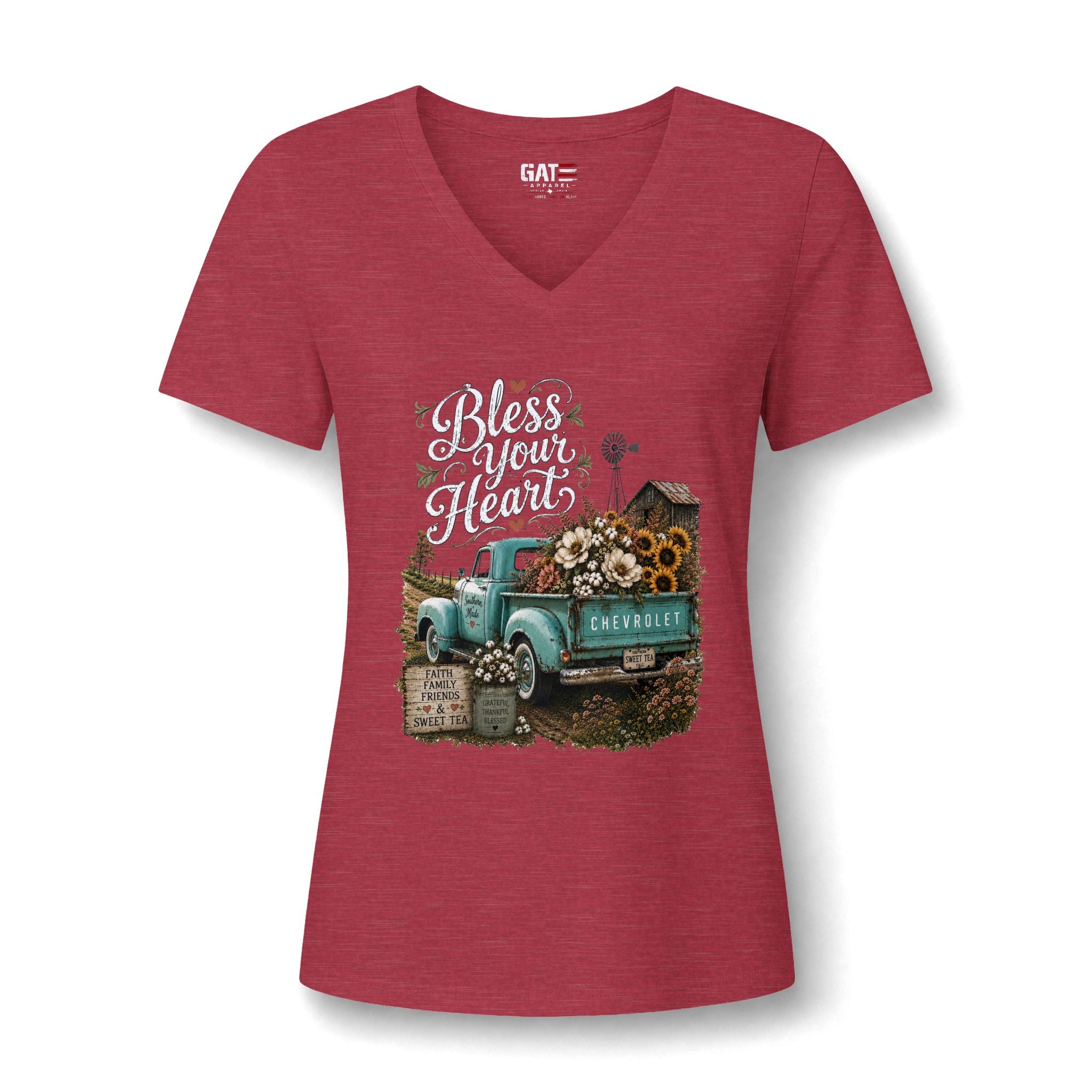 Vintage Blue Truck Sunflower V-Neck Tee — Farmhouse Floral Women's Shirt