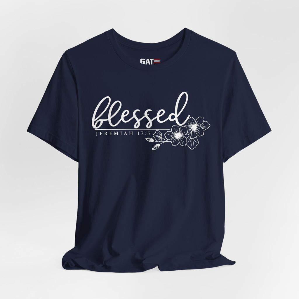 Blessed Floral Tee — 'Blessed' Script T-Shirt with Jeremiah 17:7 Bible Verse