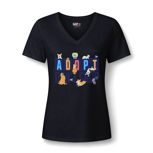 Adopt Don’t Shop V-Neck Tee — Women’s Rescue Pet Adoption Shirt