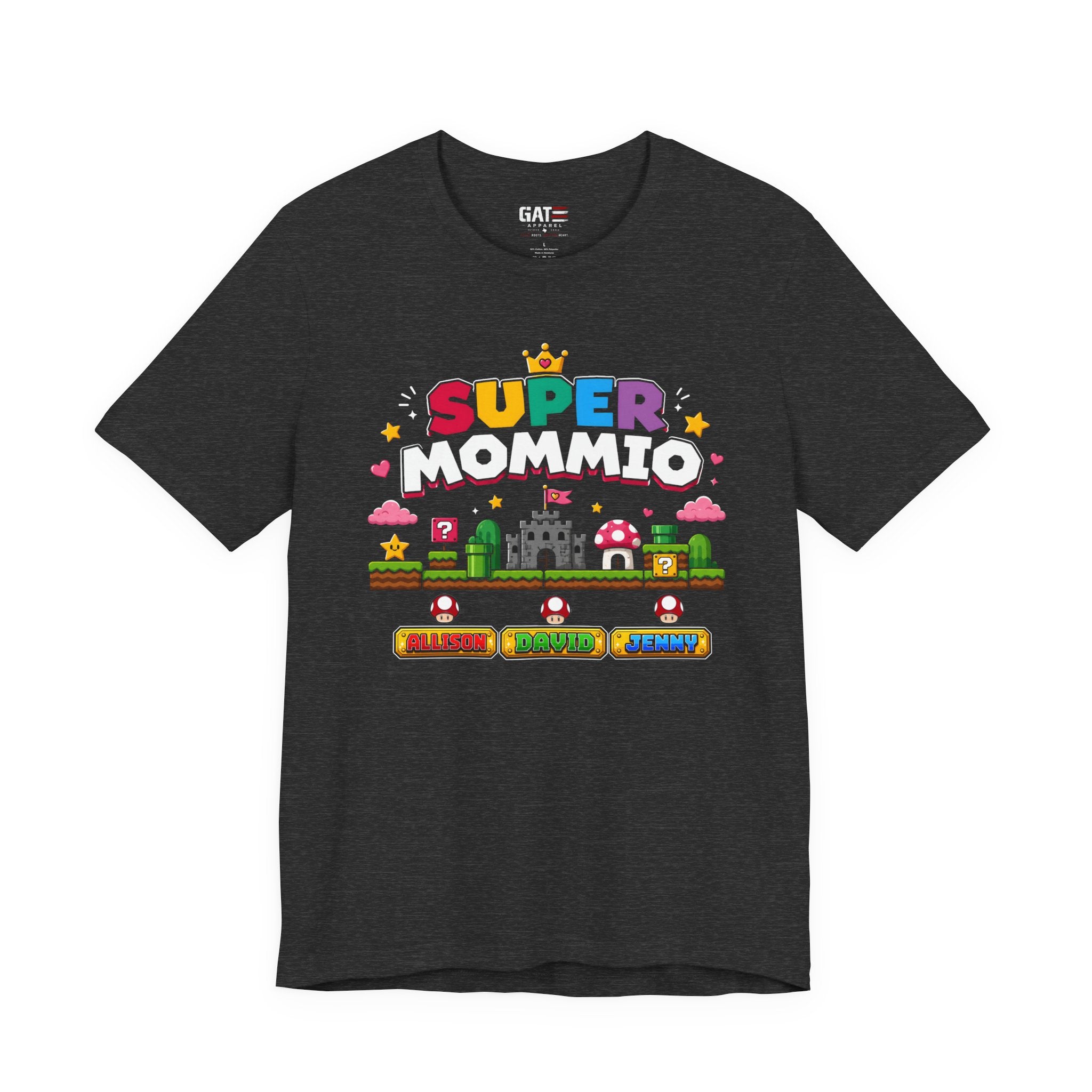 Personalized Super Mommio Shirt, Gamer Mom Shirt with Kids Names, Custom Mother's Day Gift, Retro Video Game Family Tee