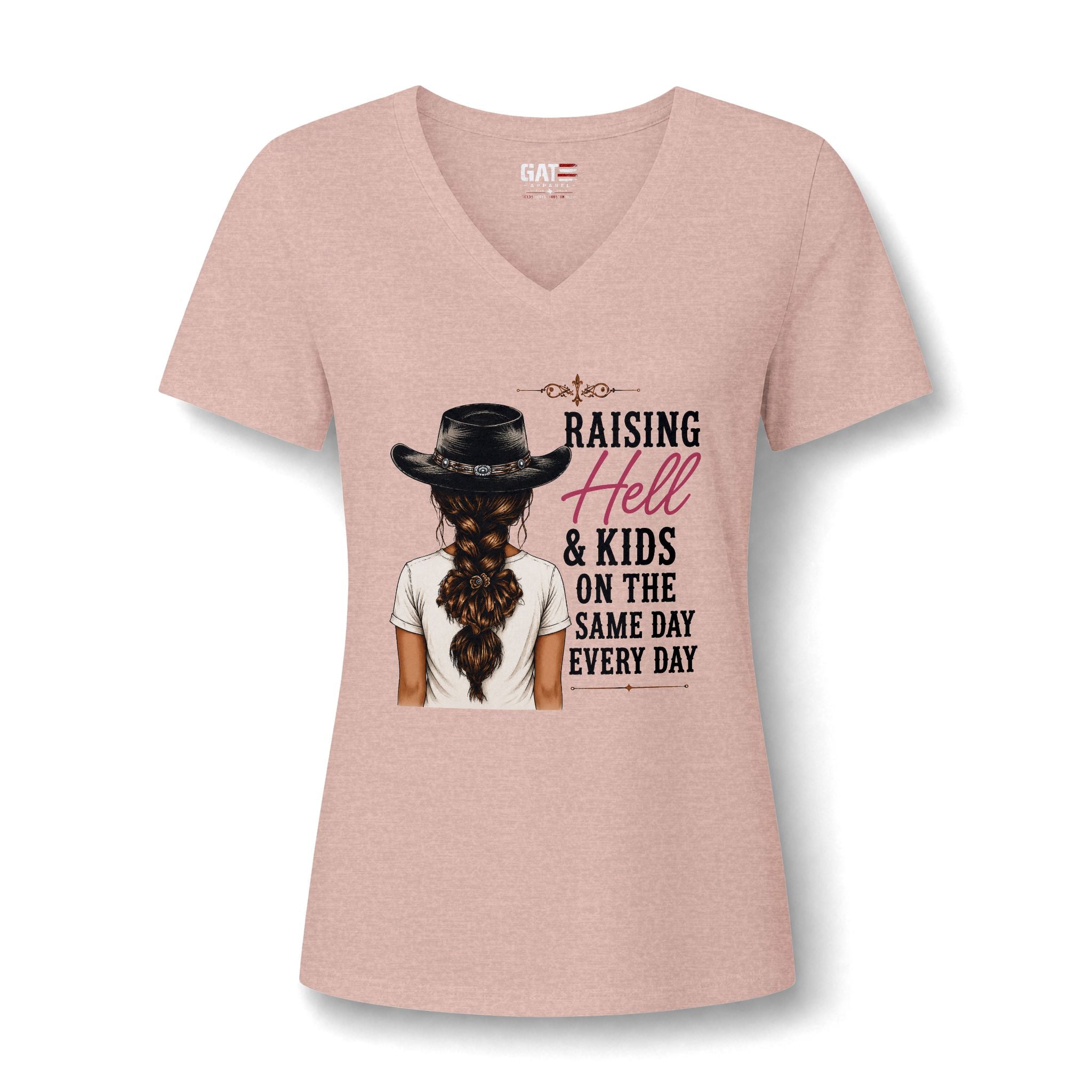 Women’s V-Neck Tee — “Raising Hell & Kids on the Same Day Every Day” Graphic