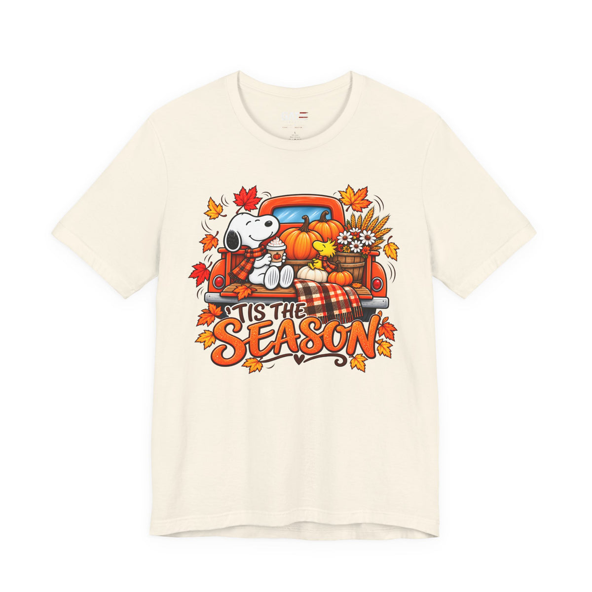 Snoopy pumpkin truck Tis the Season fall graphic T-shirt, cream front view