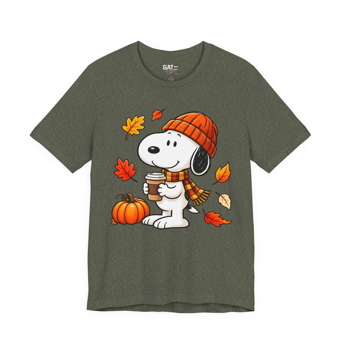 Snoopy coffee, pumpkins and autumn leaves graphic T-shirt, olive green front view