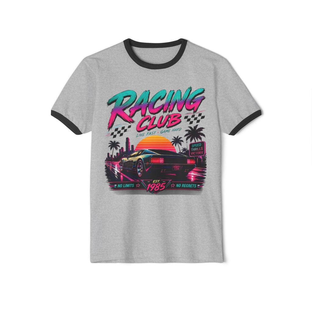 Racing Club Retro Ringer Tee — 1980s Sunset Sports Car Graphic