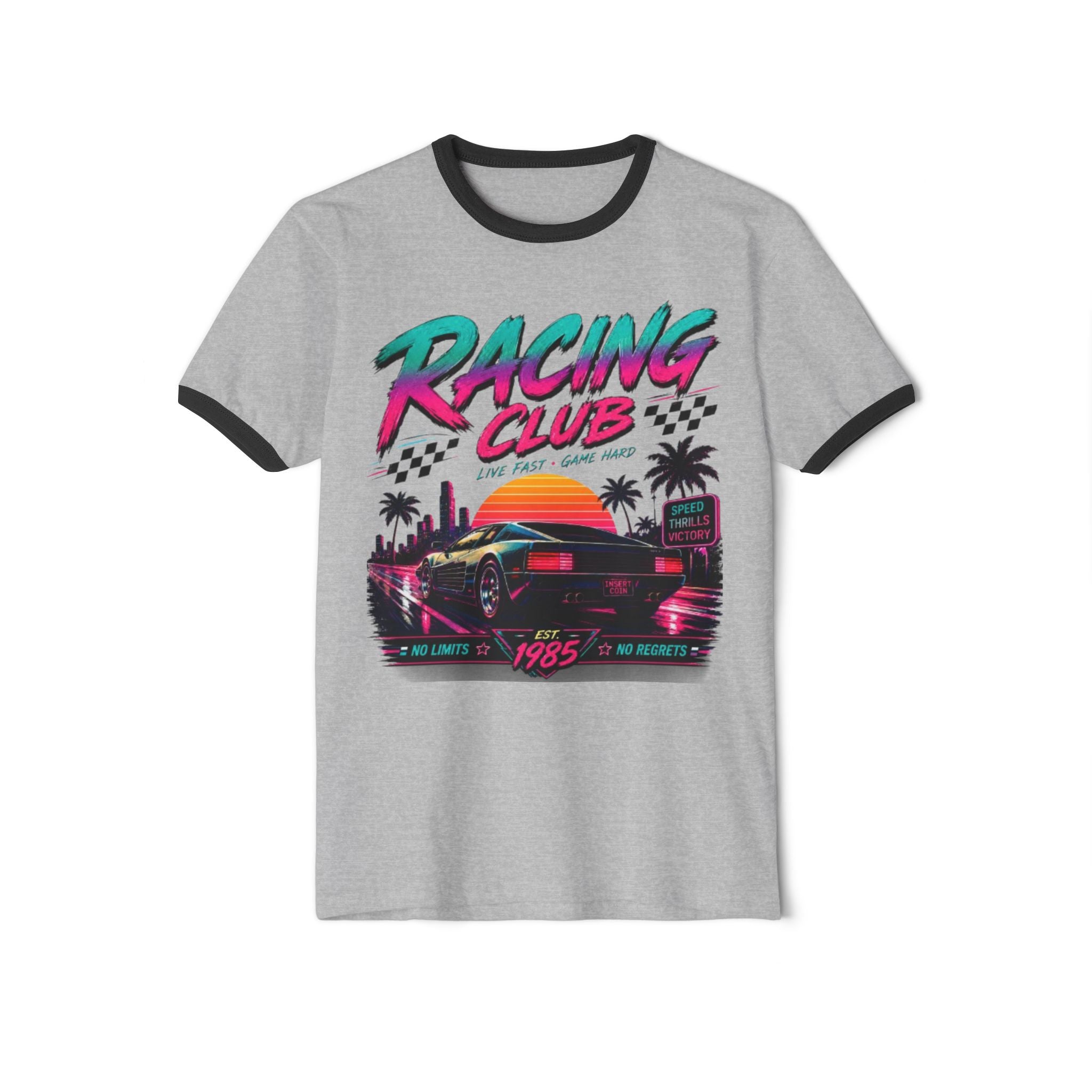 Racing Club Retro Ringer Tee — 1980s Sunset Sports Car Graphic