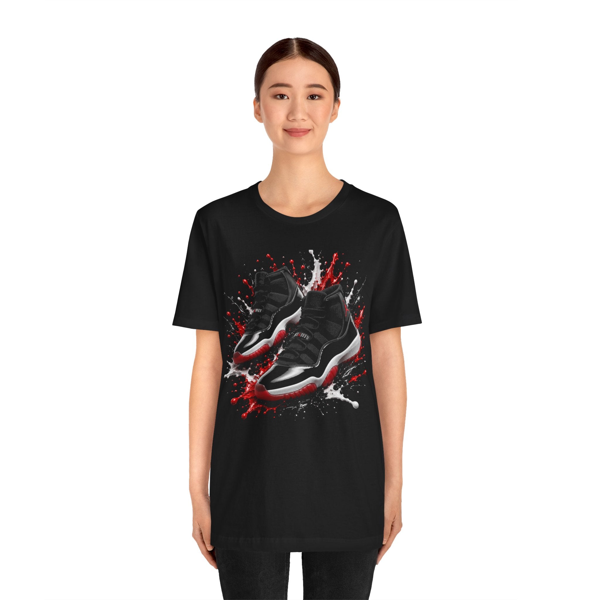 Sneaker Splash T-Shirt — Retro Black Red Basketball Shoes Graphic Tee