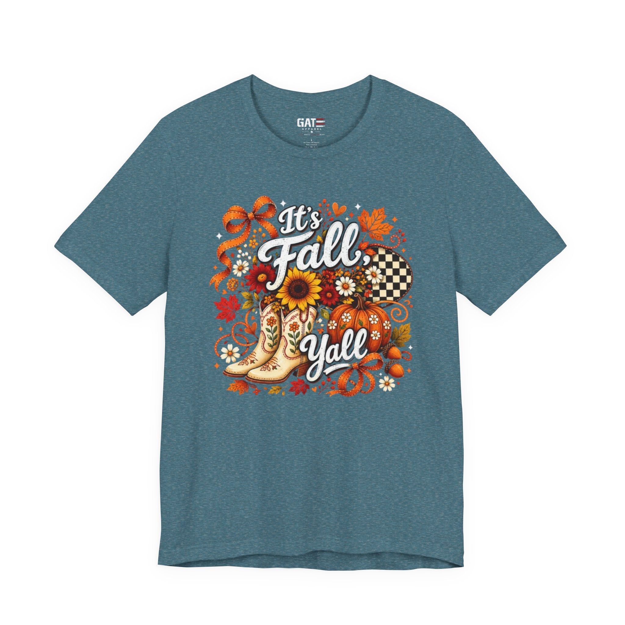 Fall Y'all Tee — Autumn Boots, Sunflowers & Plaid Graphic T-Shirt