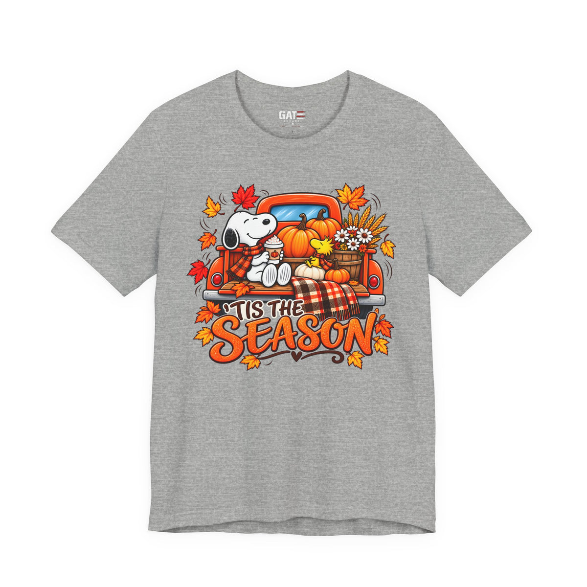 Snoopy pumpkin truck Tis the Season fall graphic T-shirt, heather grey front view