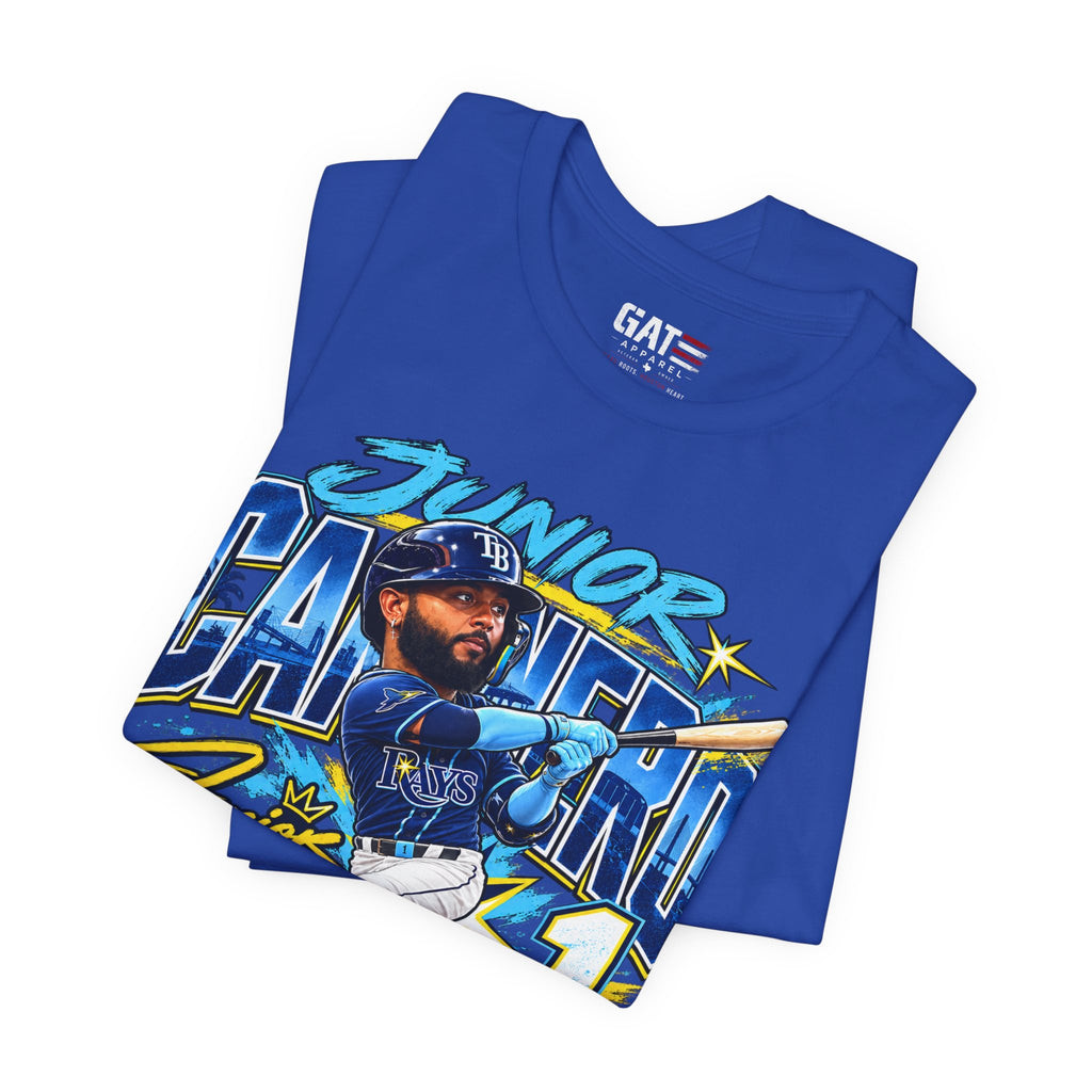 Folded royal blue Junior Caminero Rays baseball graphic T-shirt, print close-up
