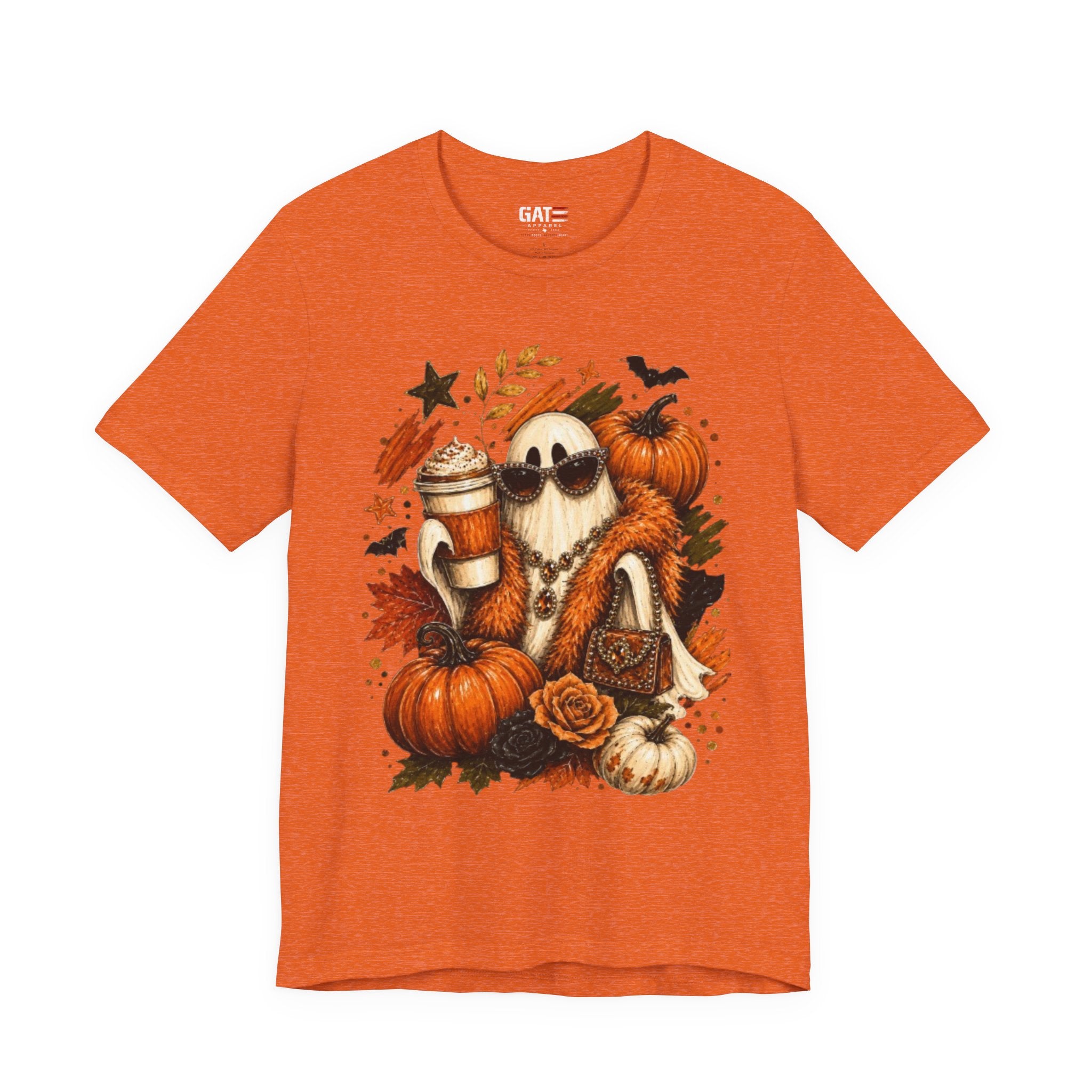 Halloween Pumpkin Ghost Tee — Cozy Fall Coffee & Pumpkins Graphic T-Shirt