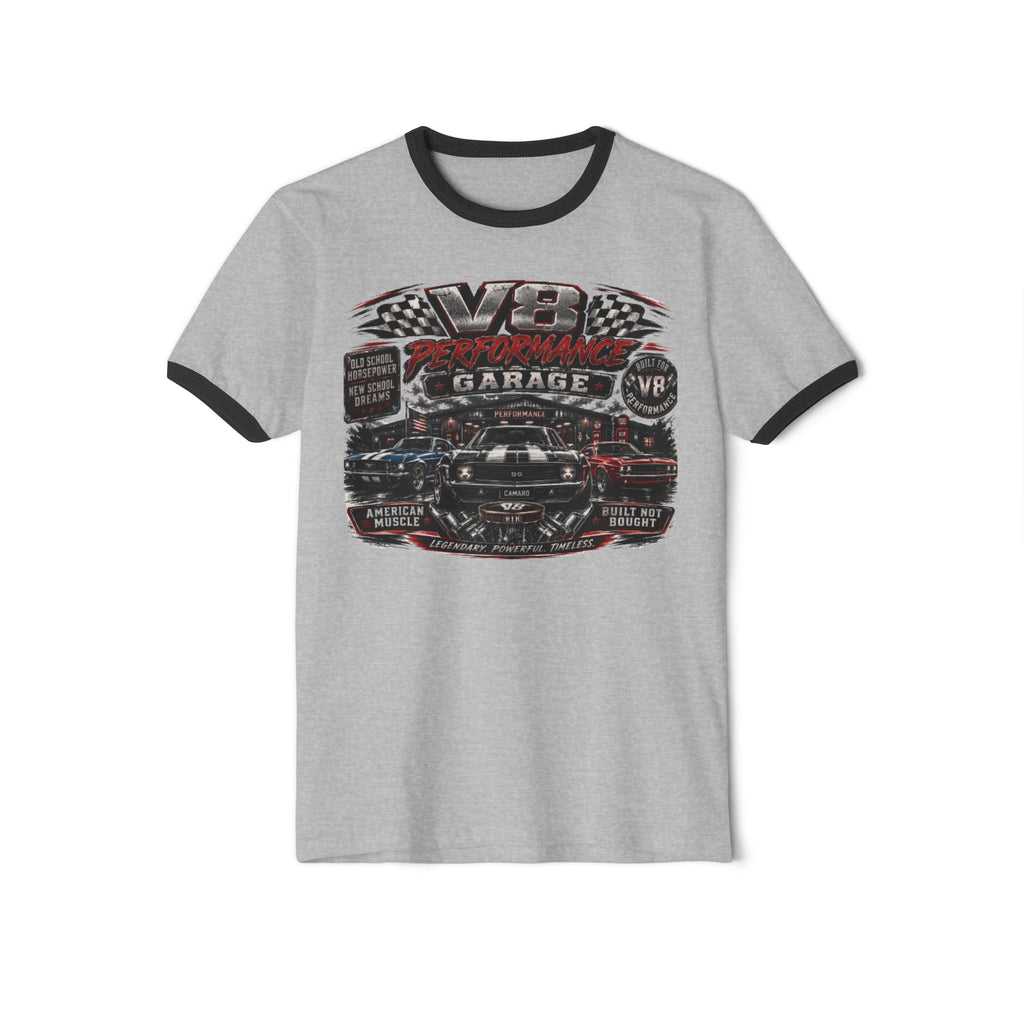 Vintage V8 Garage Ringer Tee – Classic Car Mechanic Shirt