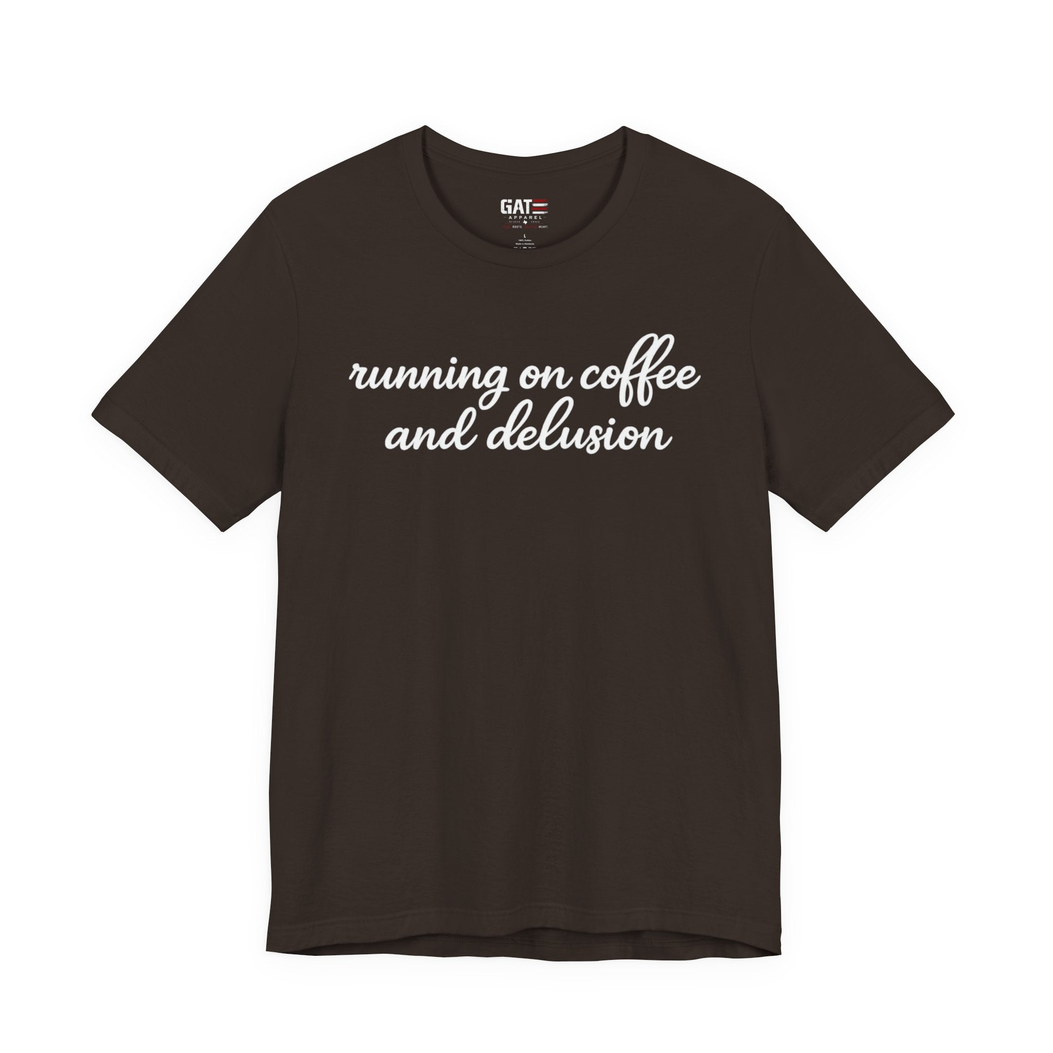 Running on Coffee and Delusion Shirt, Funny Coffee Lover Tee, Sarcastic Minimalist Shirt, Trendy Script Graphic Tee